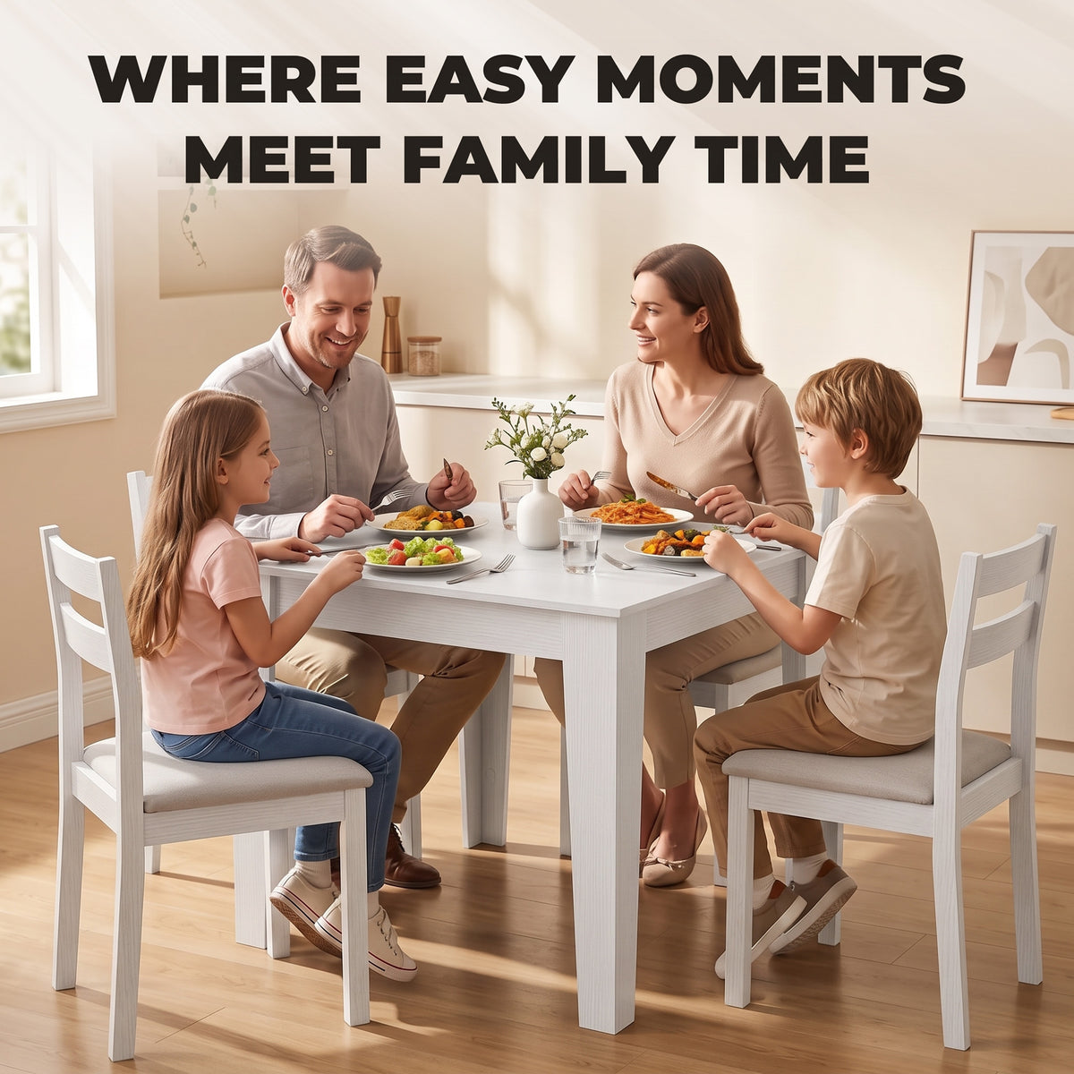 Dining Table for 4, 80L x 80W x 75Hcm, Modern Square Kitchen Table, for Dining Room, Kitchen, Living Room, White