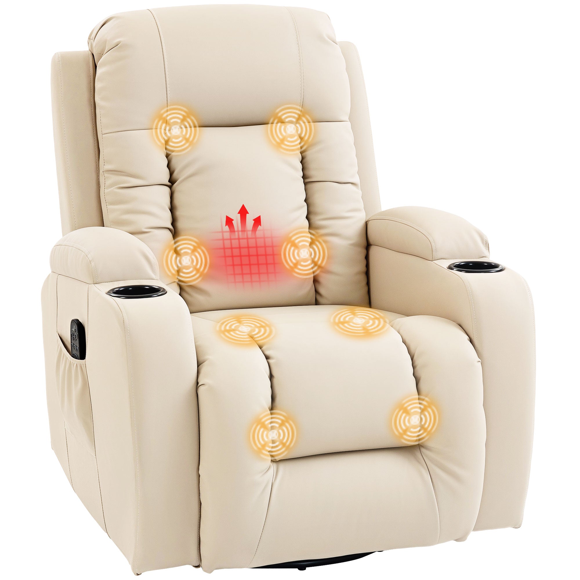 Recliner Armchair with Massage & Heat, PU Leather Recliner Chair with Extended Footrest, Cup Holders and Side Pockets, Swivel Rocking Manual Reclining Chair for Living Room, Cream