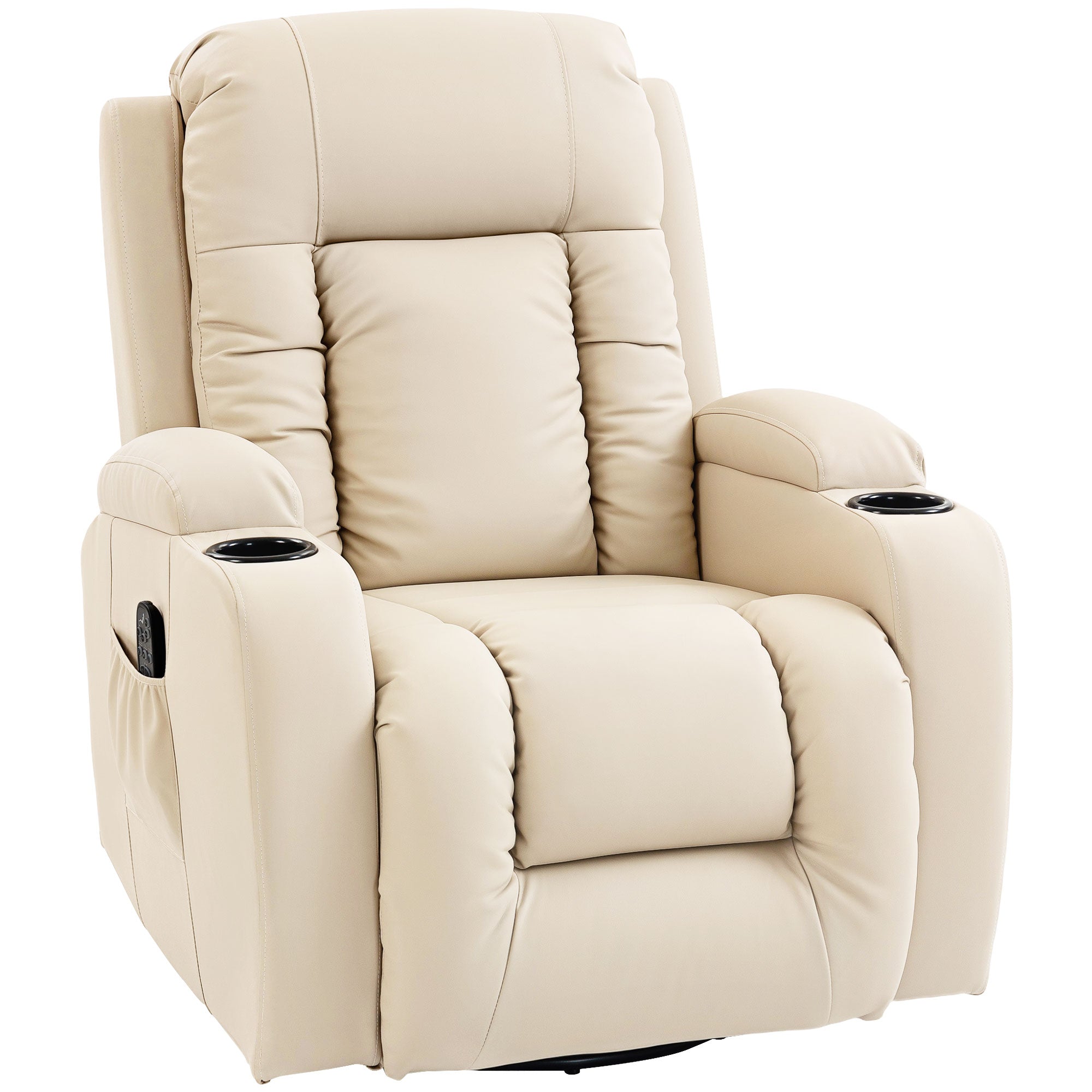 Recliner Armchair with Massage & Heat, PU Leather Recliner Chair with Extended Footrest, Cup Holders and Side Pockets, Swivel Rocking Manual Reclining Chair for Living Room, Cream
