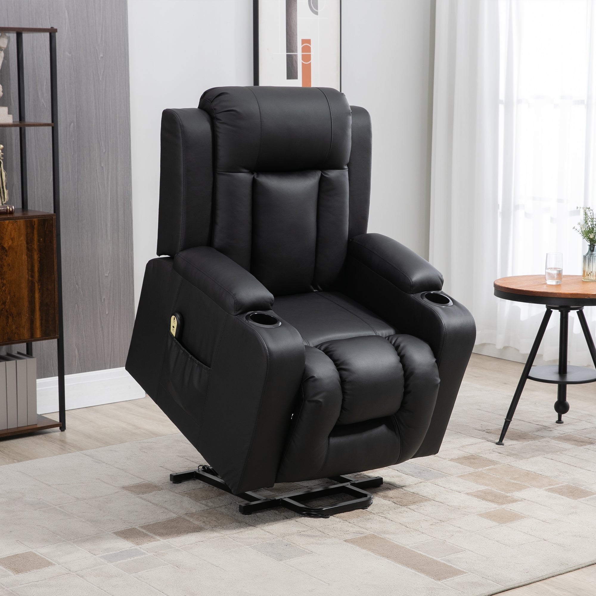 HOMCOM Electric Power Lift Chair, PU Leather Recliner Sofa with Footrest, Remote Control and Cup Holders, Black