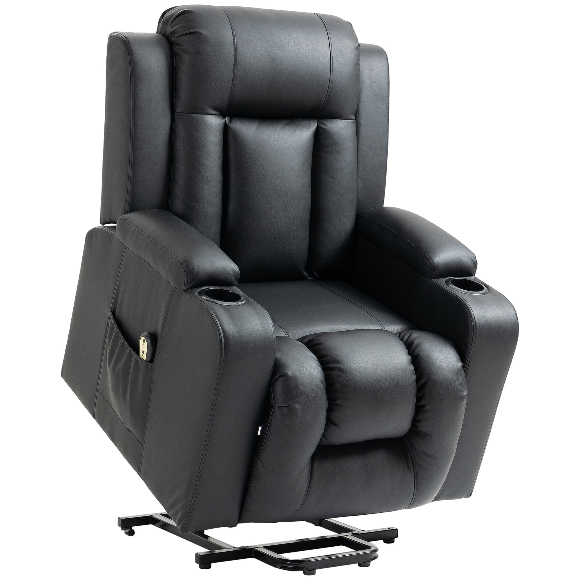 HOMCOM Electric Power Lift Chair, PU Leather Recliner Sofa with Footrest, Remote Control and Cup Holders, Black