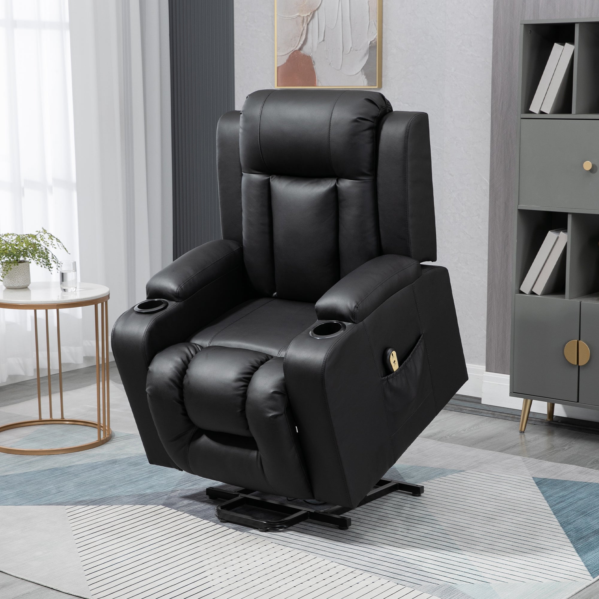 HOMCOM Electric Power Lift Chair, PU Leather Recliner Sofa with Footrest, Remote Control and Cup Holders, Black