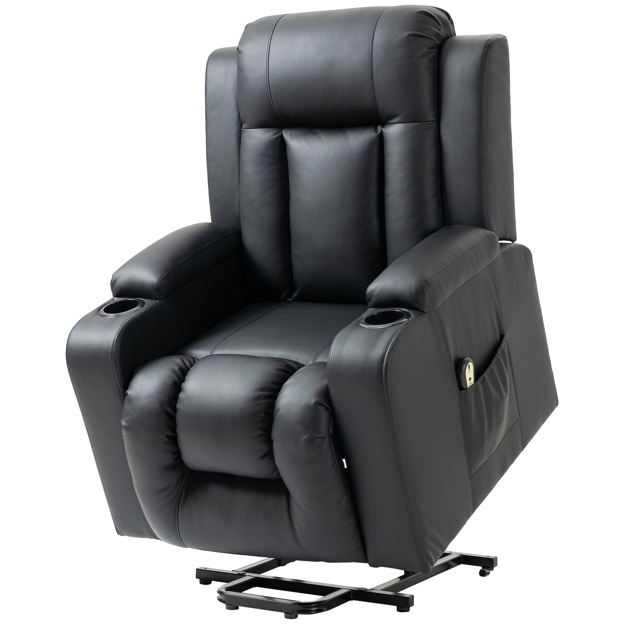 HOMCOM Electric Power Lift Chair, PU Leather Recliner Sofa with Footrest, Remote Control and Cup Holders, Black