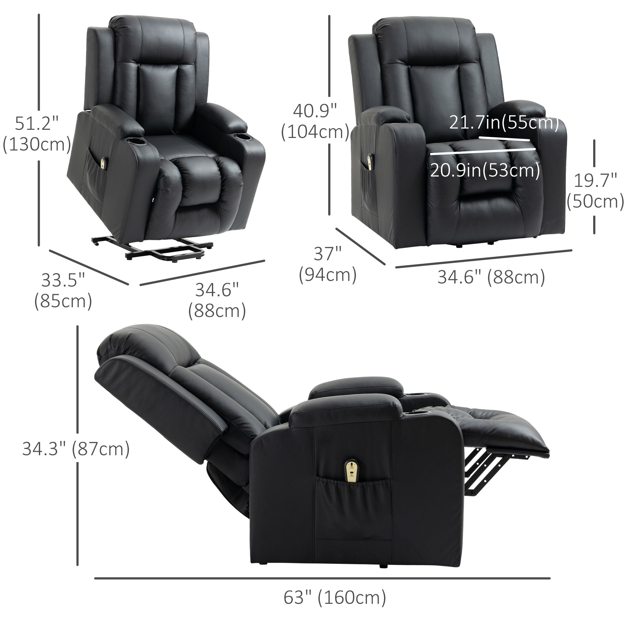 HOMCOM Electric Power Lift Chair, PU Leather Recliner Sofa with Footrest, Remote Control and Cup Holders, Black