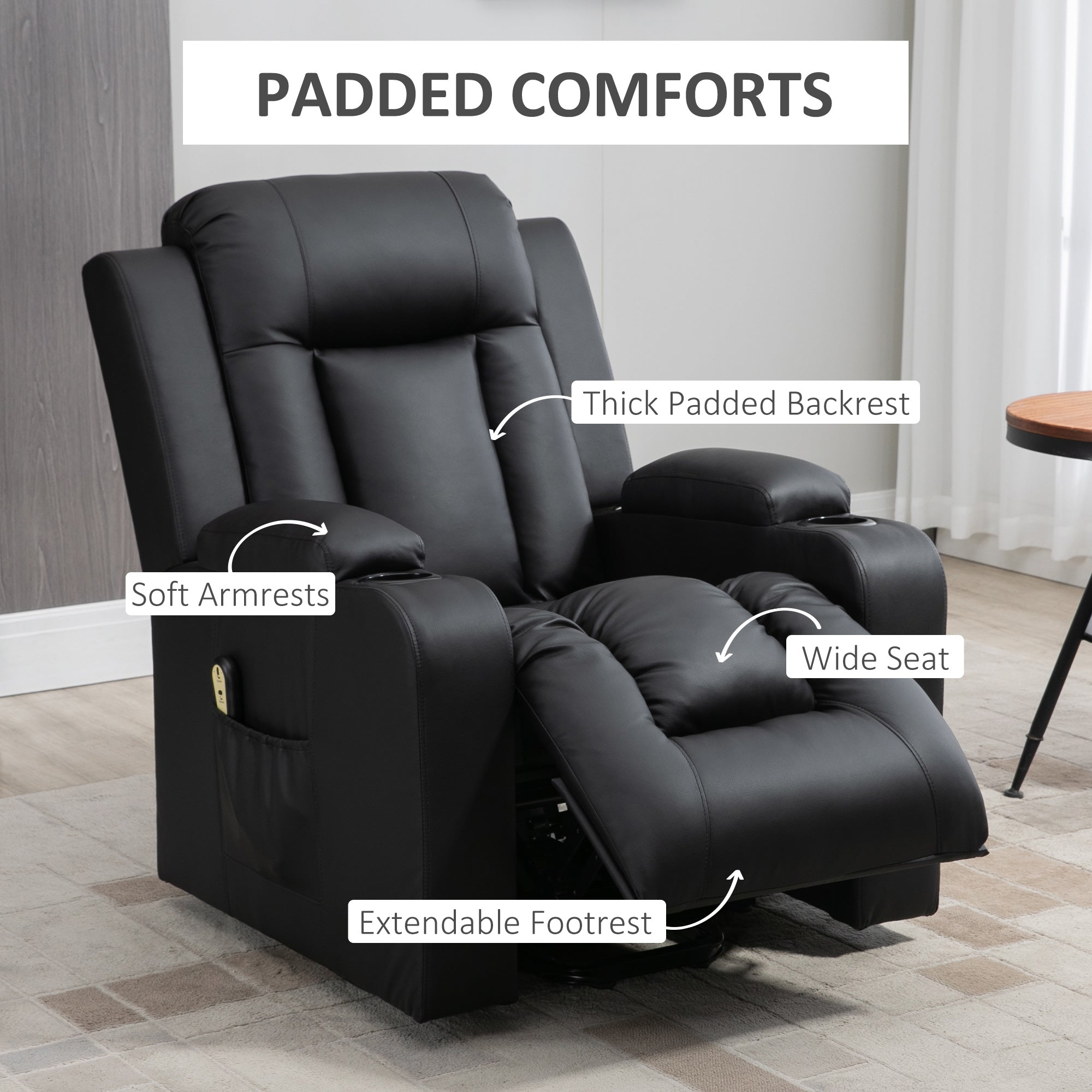 HOMCOM Electric Power Lift Chair, PU Leather Recliner Sofa with Footrest, Remote Control and Cup Holders, Black