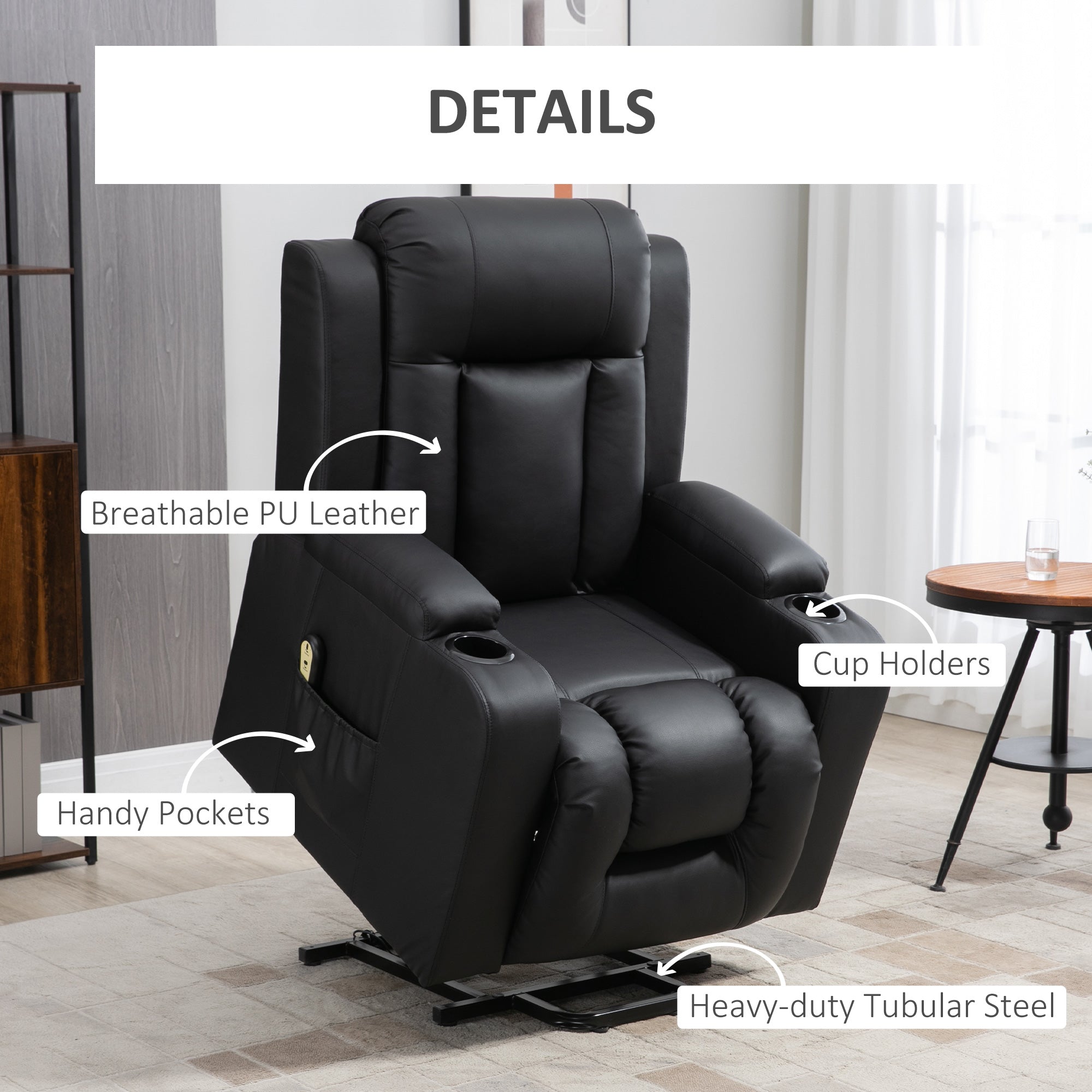 HOMCOM Electric Power Lift Chair, PU Leather Recliner Sofa with Footrest, Remote Control and Cup Holders, Black