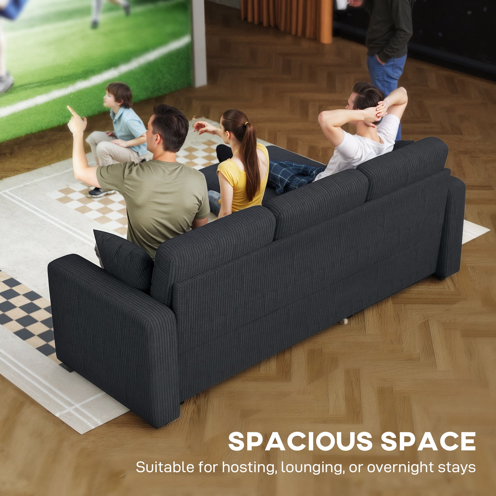 81" Sofa Bed, 2 In 1 Pull Out L-Shaped Sleeper Sofa Bed with Storage Chaise, Corduroy Convertible Sectional Couch with 2 Pillows for Living Room Office Apartment, Dark Grey