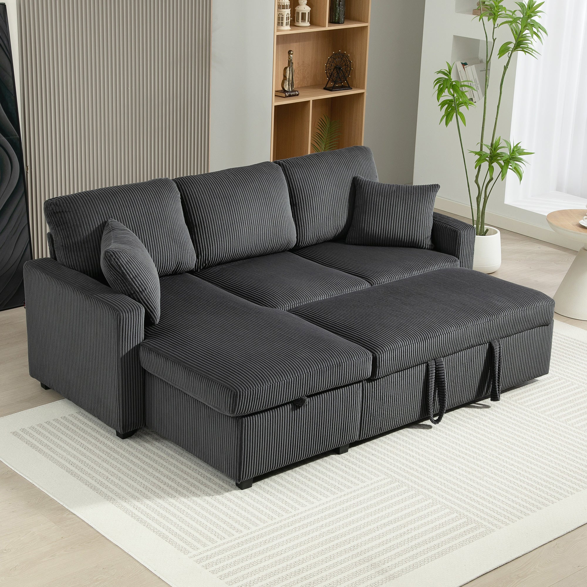 81" Sofa Bed, 2 In 1 Pull Out L-Shaped Sleeper Sofa Bed with Storage Chaise, Corduroy Convertible Sectional Couch with 2 Pillows for Living Room Office Apartment, Dark Grey