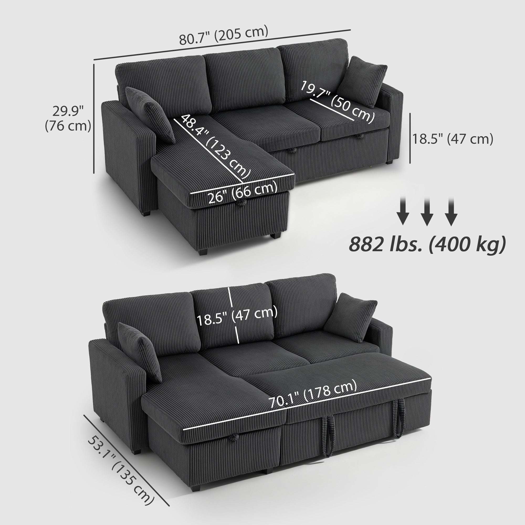 81" Sofa Bed, 2 In 1 Pull Out L-Shaped Sleeper Sofa Bed with Storage Chaise, Corduroy Convertible Sectional Couch with 2 Pillows for Living Room Office Apartment, Dark Grey