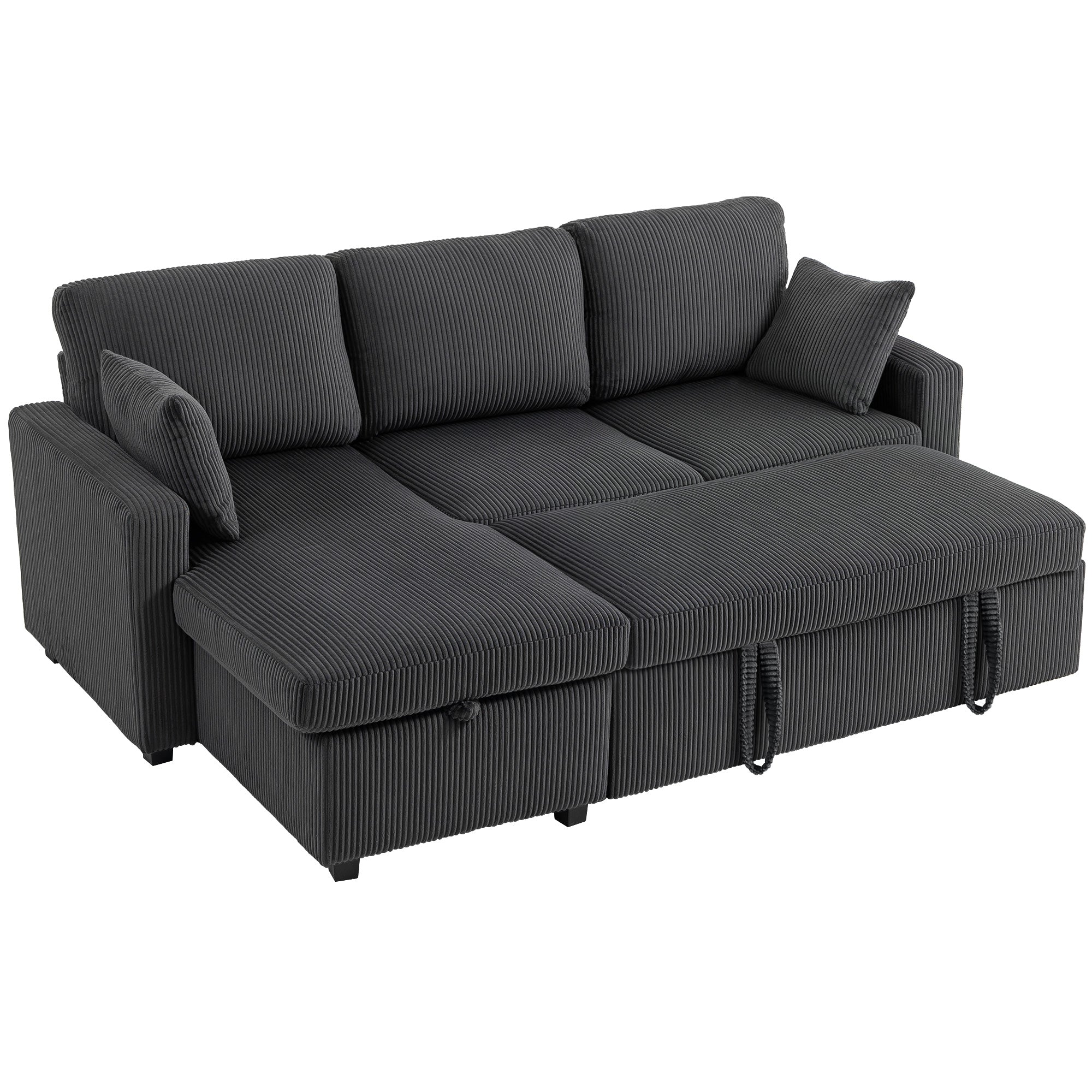 81" Sofa Bed, 2 In 1 Pull Out L-Shaped Sleeper Sofa Bed with Storage Chaise, Corduroy Convertible Sectional Couch with 2 Pillows for Living Room Office Apartment, Dark Grey