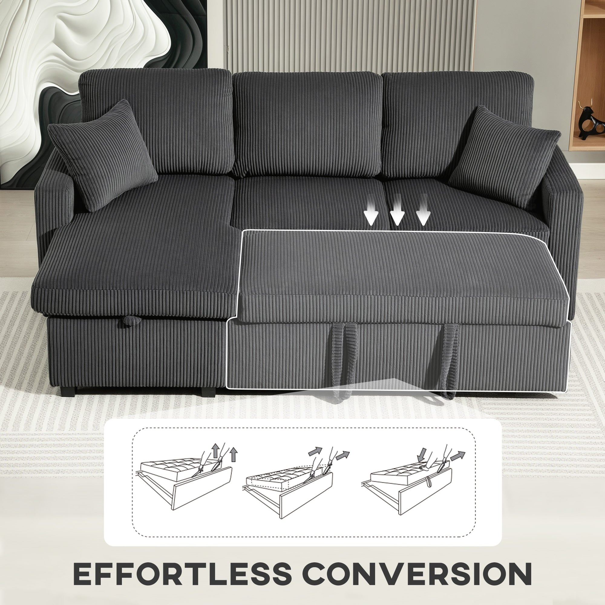81" Sofa Bed, 2 In 1 Pull Out L-Shaped Sleeper Sofa Bed with Storage Chaise, Corduroy Convertible Sectional Couch with 2 Pillows for Living Room Office Apartment, Dark Grey