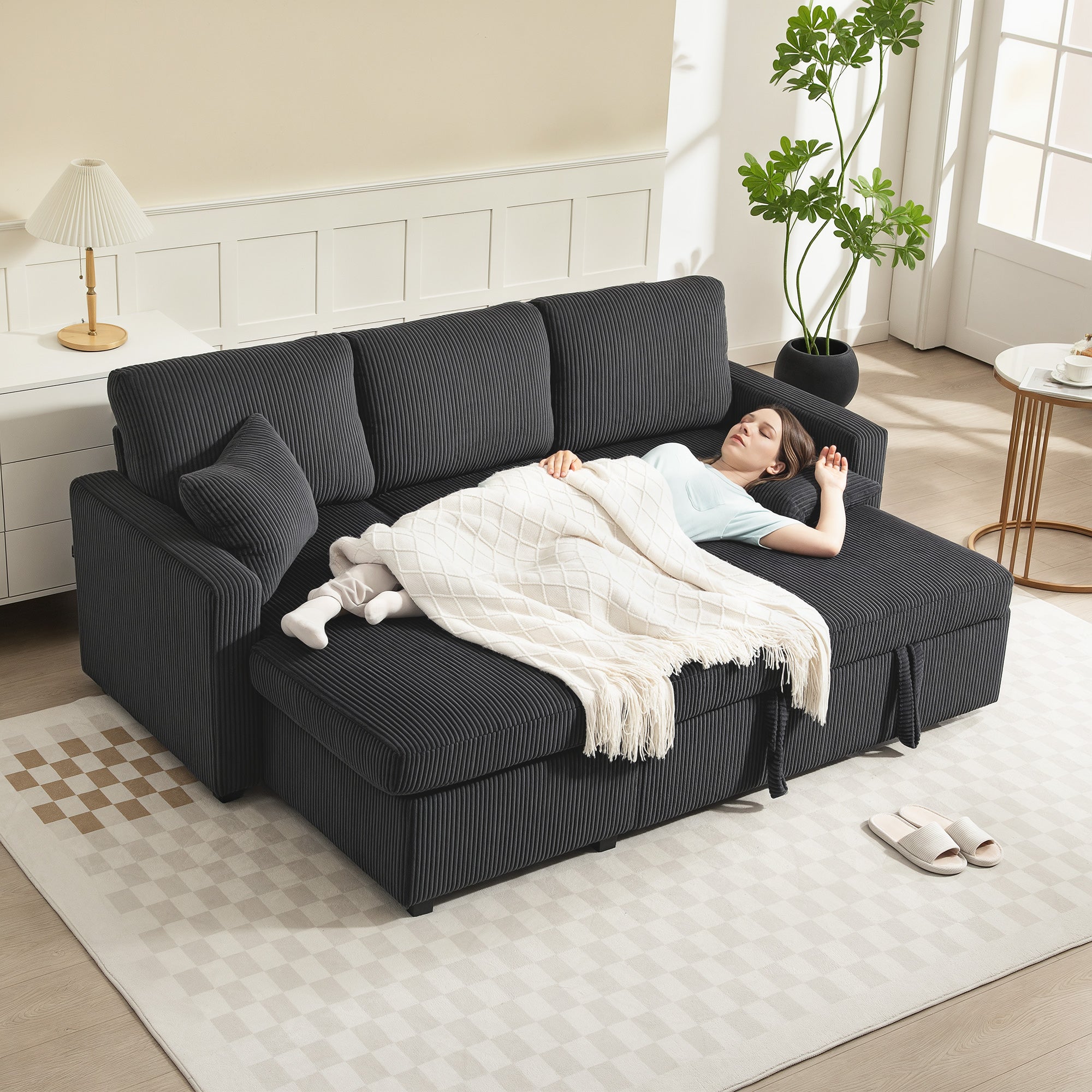 81" Sofa Bed, 2 In 1 Pull Out L-Shaped Sleeper Sofa Bed with Storage Chaise, Corduroy Convertible Sectional Couch with 2 Pillows for Living Room Office Apartment, Dark Grey