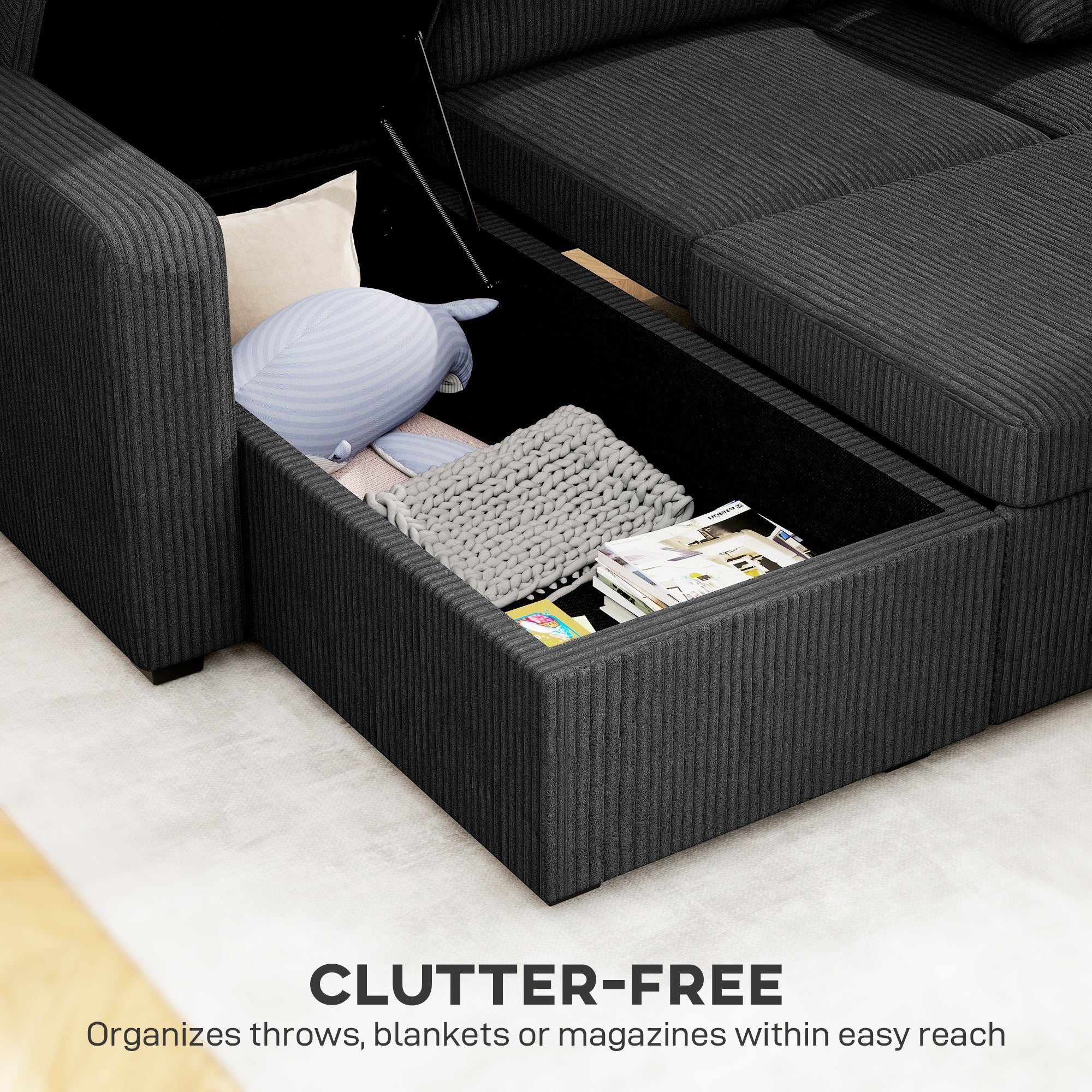 81" Sofa Bed, 2 In 1 Pull Out L-Shaped Sleeper Sofa Bed with Storage Chaise, Corduroy Convertible Sectional Couch with 2 Pillows for Living Room Office Apartment, Dark Grey