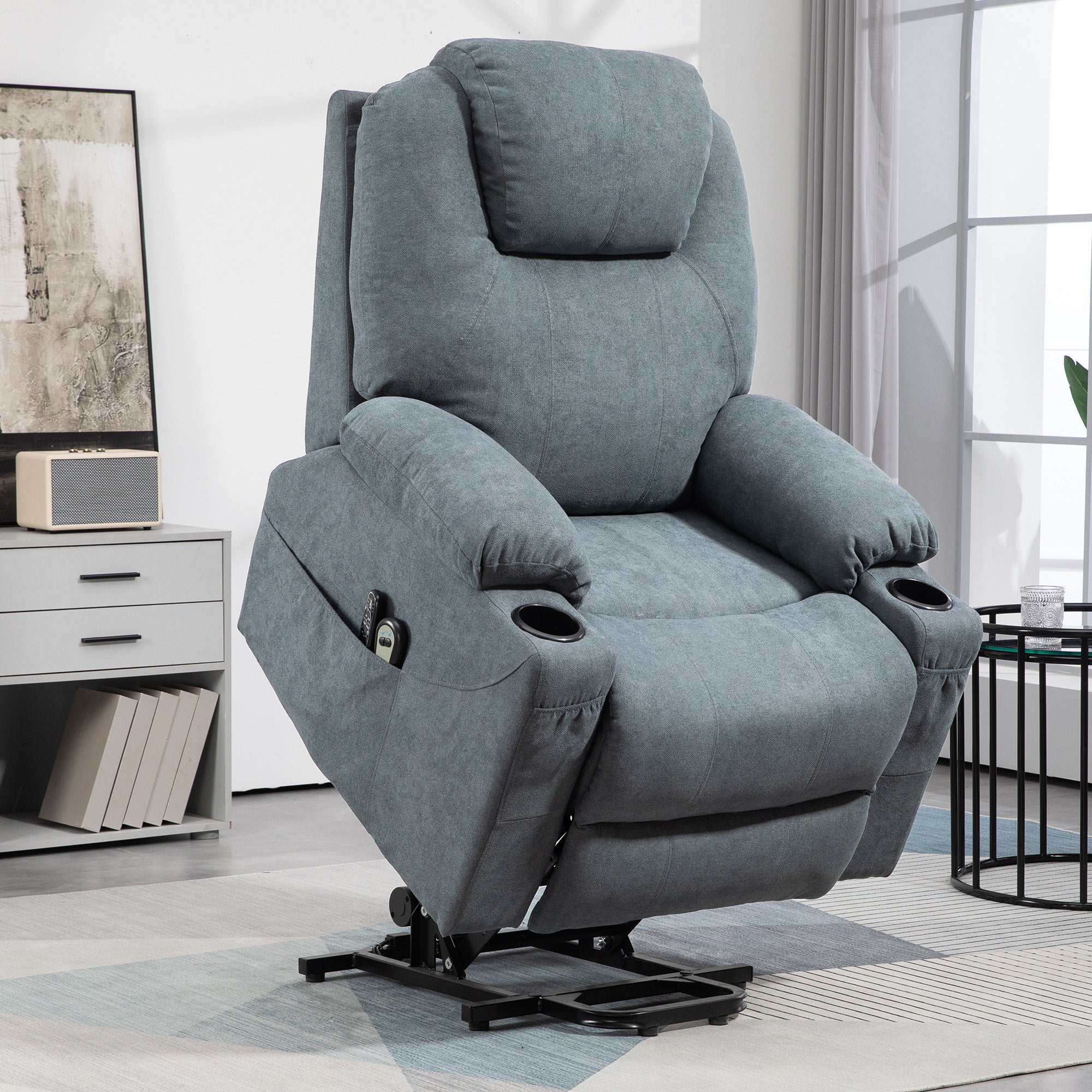HOMCOM Riser and Recliner Chair for the Elderly, Quick Assembly, Fabric Overstuffed Lift Chair with Vibration Massage and Heat, Remote Control, Side Pockets, Cup Holders, Pocket Spring, Charcoal Grey