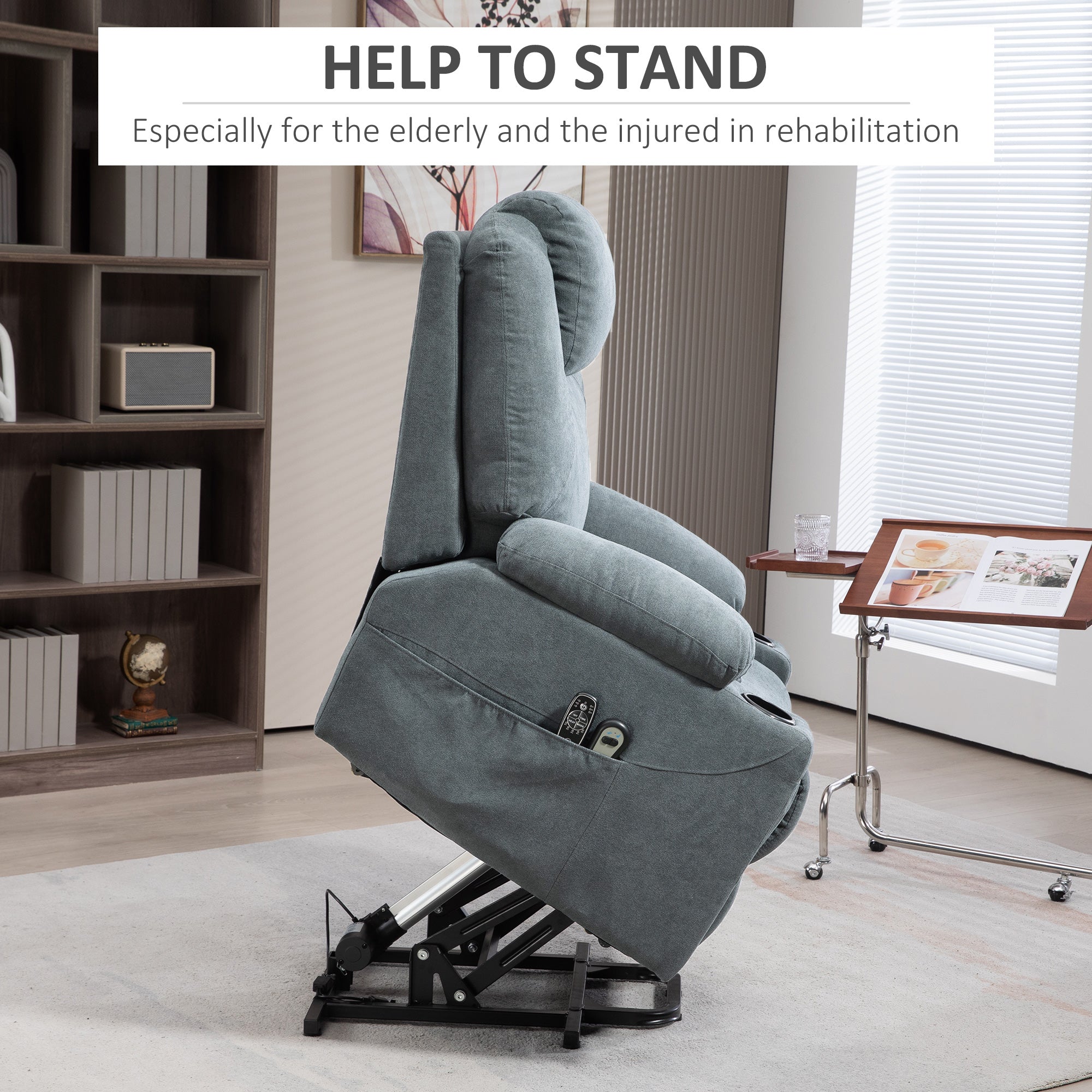 HOMCOM Riser and Recliner Chair for the Elderly, Quick Assembly, Fabric Overstuffed Lift Chair with Vibration Massage and Heat, Remote Control, Side Pockets, Cup Holders, Pocket Spring, Charcoal Grey