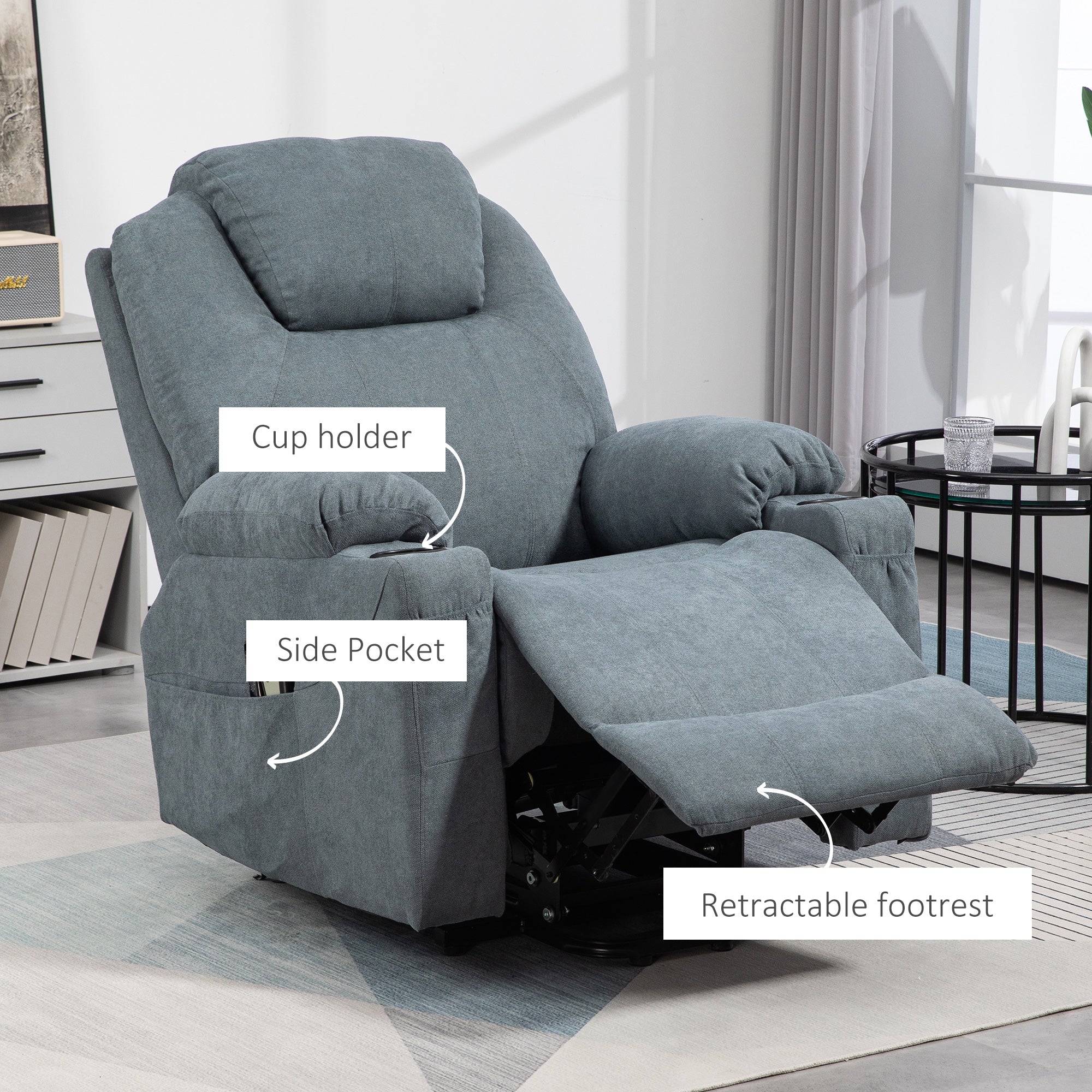 HOMCOM Riser and Recliner Chair for the Elderly, Quick Assembly, Fabric Overstuffed Lift Chair with Vibration Massage and Heat, Remote Control, Side Pockets, Cup Holders, Pocket Spring, Charcoal Grey