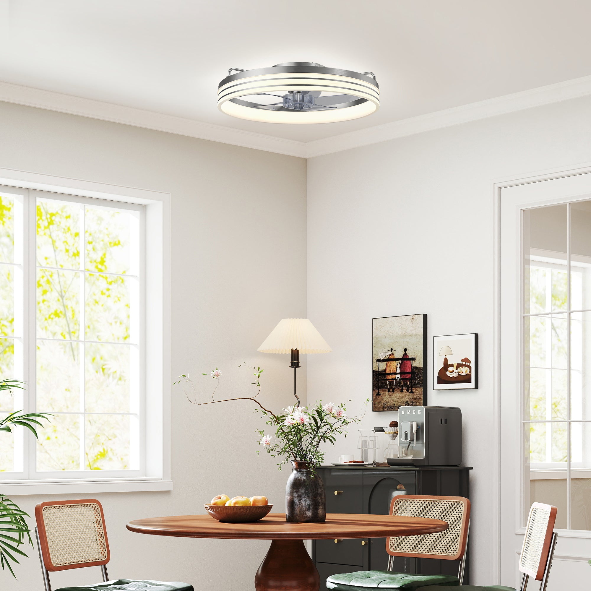 Ceiling Fans with Lights and Remote & App Control, 50 cm Modern LED Ceiling Fan Light with 3 Colour Temperatures, 6 Speed, Timer, Dimmable, Quiet Reversible DC Motor, for Bedroom, Silver Tone