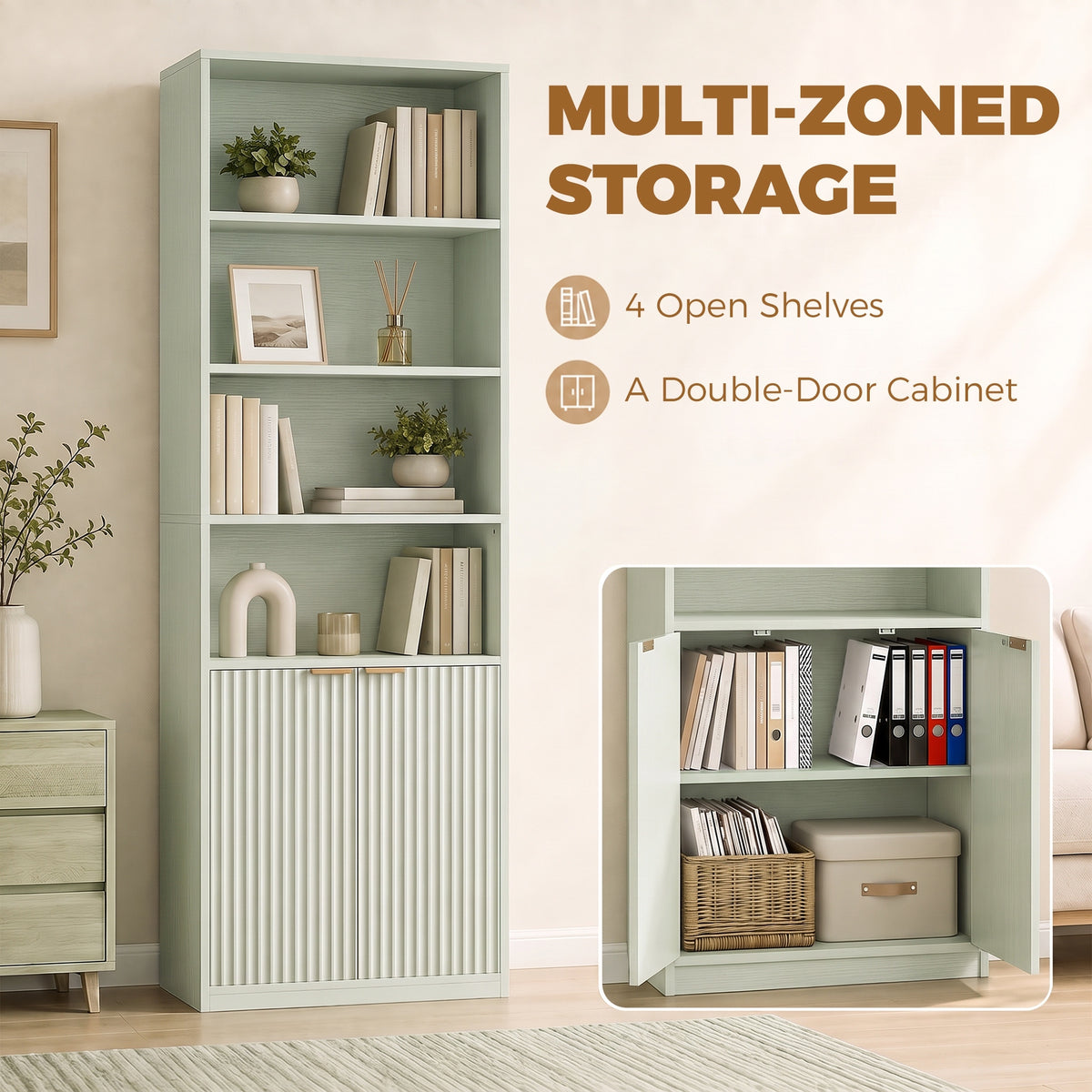 Slim Bookcase, 6-Tier Tall Bookshelf, Freestanding Shelving Unit with Cabinet, Adjustable Shelf, 60 x 24 x 182 cm for Living Room, Study, Home Office, Light Green