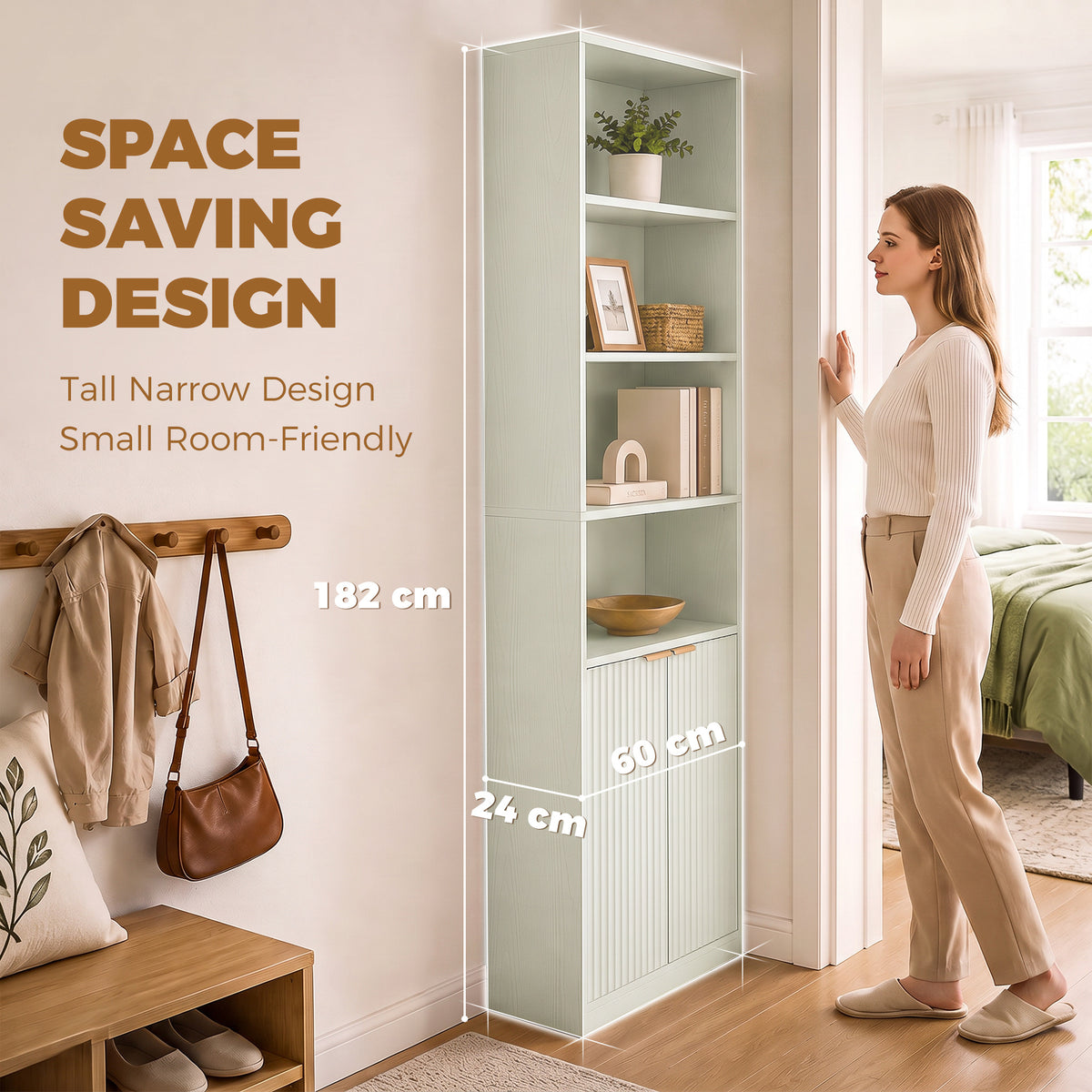 Slim Bookcase, 6-Tier Tall Bookshelf, Freestanding Shelving Unit with Cabinet, Adjustable Shelf, 60 x 24 x 182 cm for Living Room, Study, Home Office, Light Green