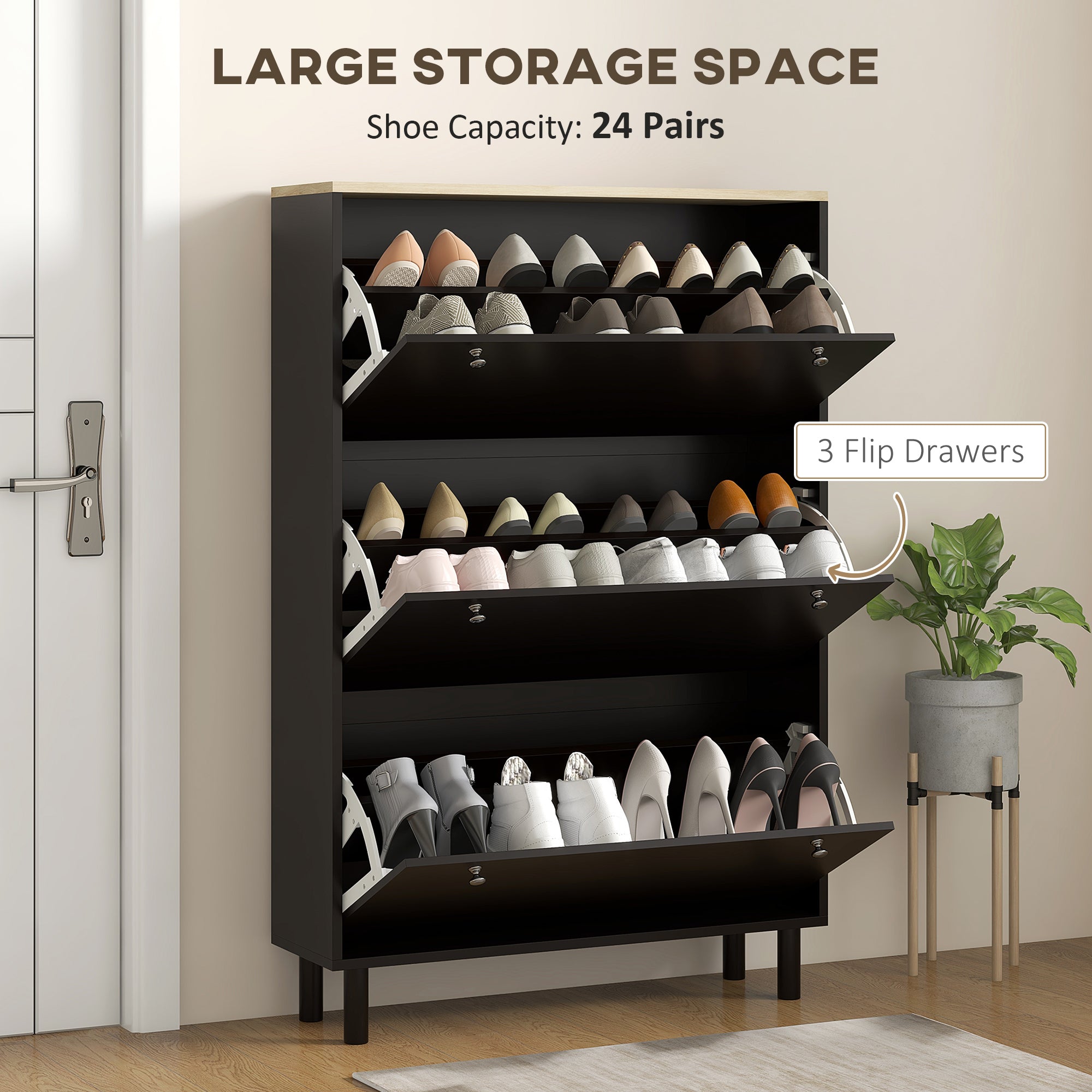 HOMCOM Shoe Cabinet, Narrow Shoe Storage Cabinet with 3 Flip Drawers and Adjustable Shelves for 24 Pairs of Shoes for Entryway, Hallway, Black