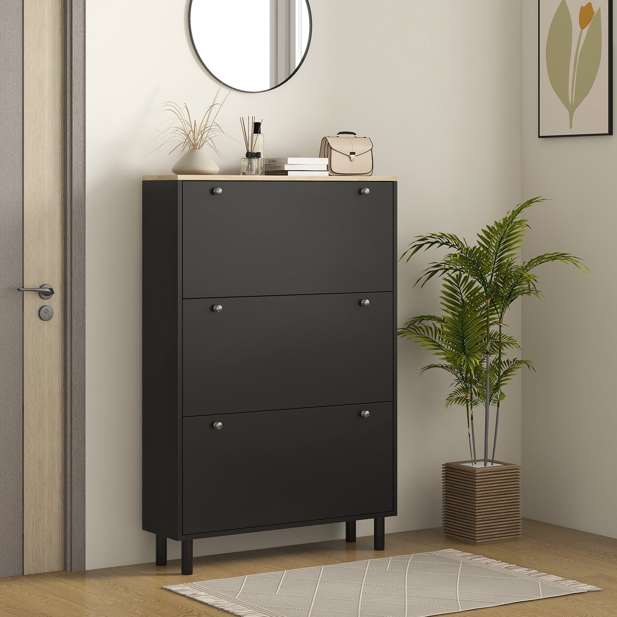 HOMCOM Shoe Cabinet, Narrow Shoe Storage Cabinet with 3 Flip Drawers and Adjustable Shelves for 24 Pairs of Shoes for Entryway, Hallway, Black
