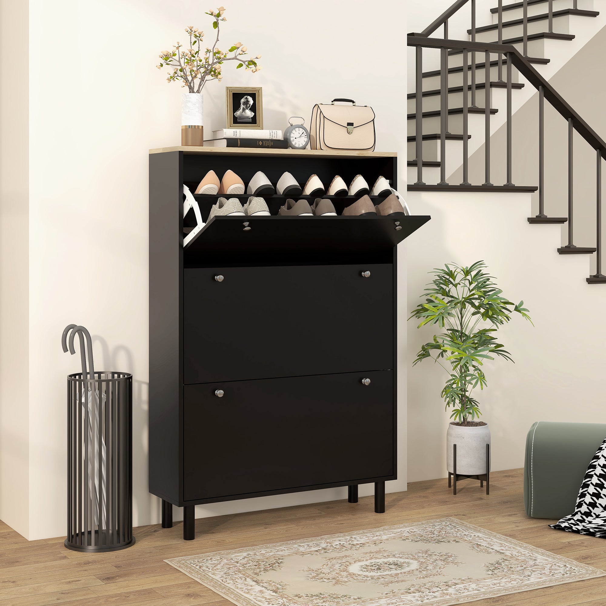 HOMCOM Shoe Cabinet, Narrow Shoe Storage Cabinet with 3 Flip Drawers and Adjustable Shelves for 24 Pairs of Shoes for Entryway, Hallway, Black