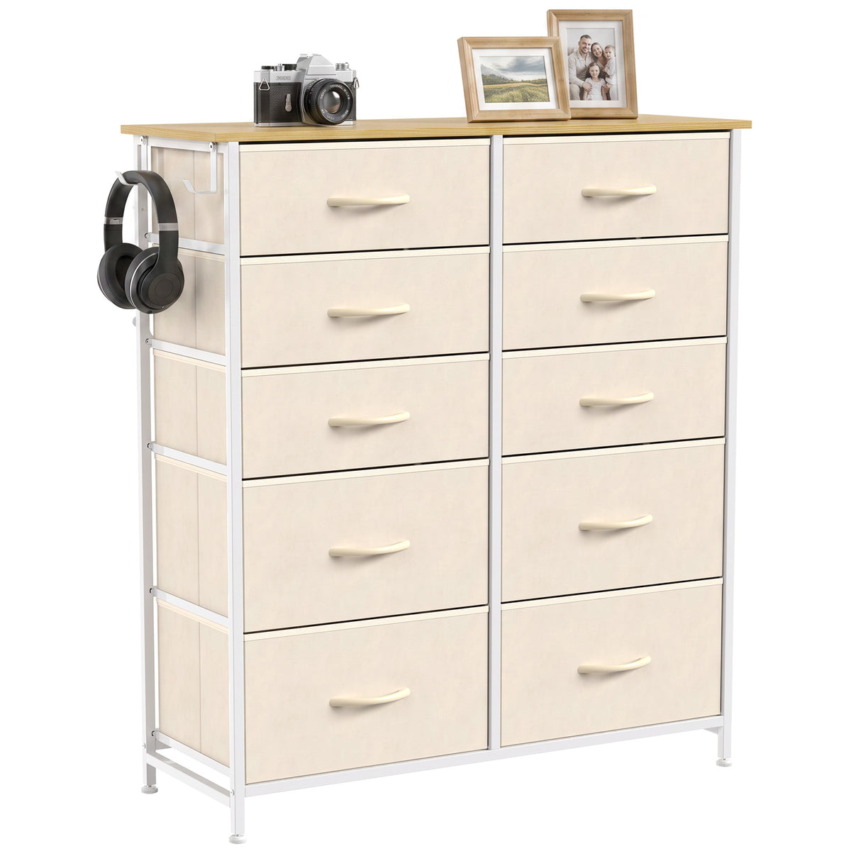 Chest of Drawers, Dresser for Bedroom with 10 Fabric Drawers, Tall Storage Unit with 4 Pockets, 2 Hooks and Steel Frame for Living Room, Hallway, Beige