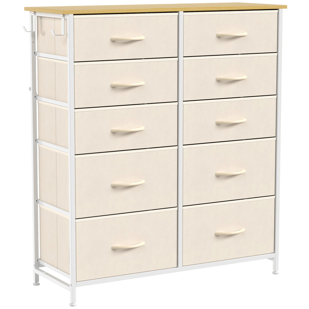 Chest of Drawers, Dresser for Bedroom with 10 Fabric Drawers, Tall Storage Unit with 4 Pockets, 2 Hooks and Steel Frame for Living Room, Hallway, Beige