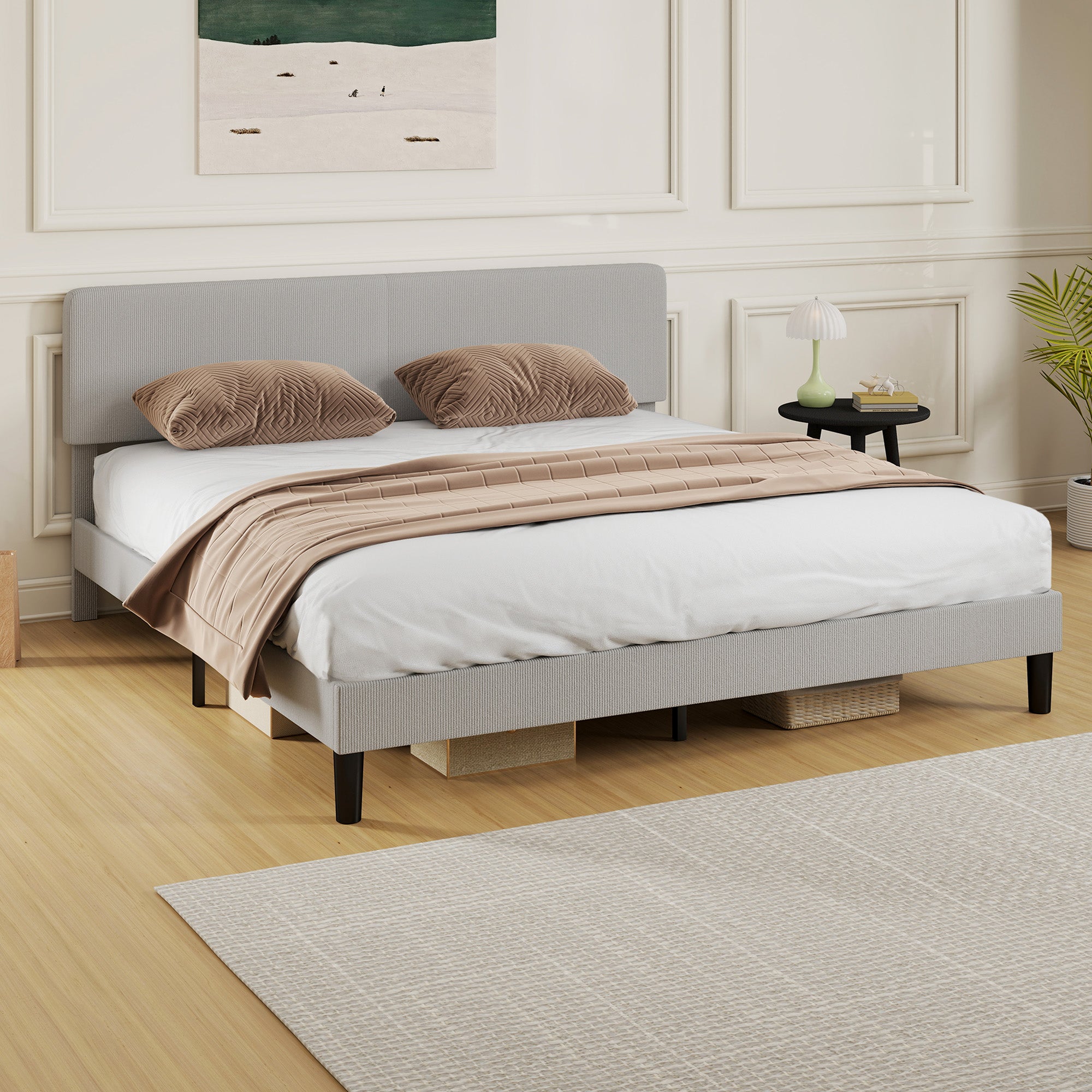 King Bed Frame with Adjustable Headboard, Corduroy Upholstered Platform Bed Frame, Wood Slat Support, Noise Free, No Box Spring Needed, Easy Assembly, Light Grey