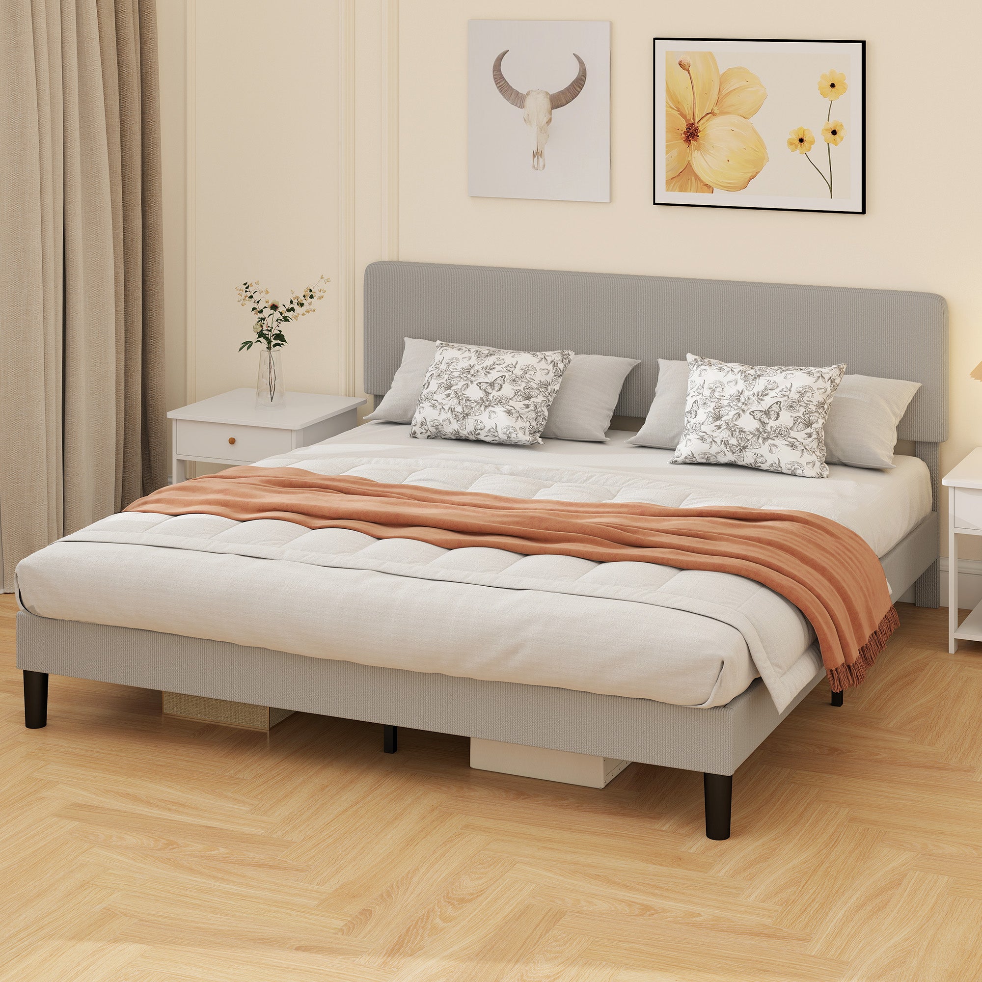 King Bed Frame with Adjustable Headboard, Corduroy Upholstered Platform Bed Frame, Wood Slat Support, Noise Free, No Box Spring Needed, Easy Assembly, Light Grey