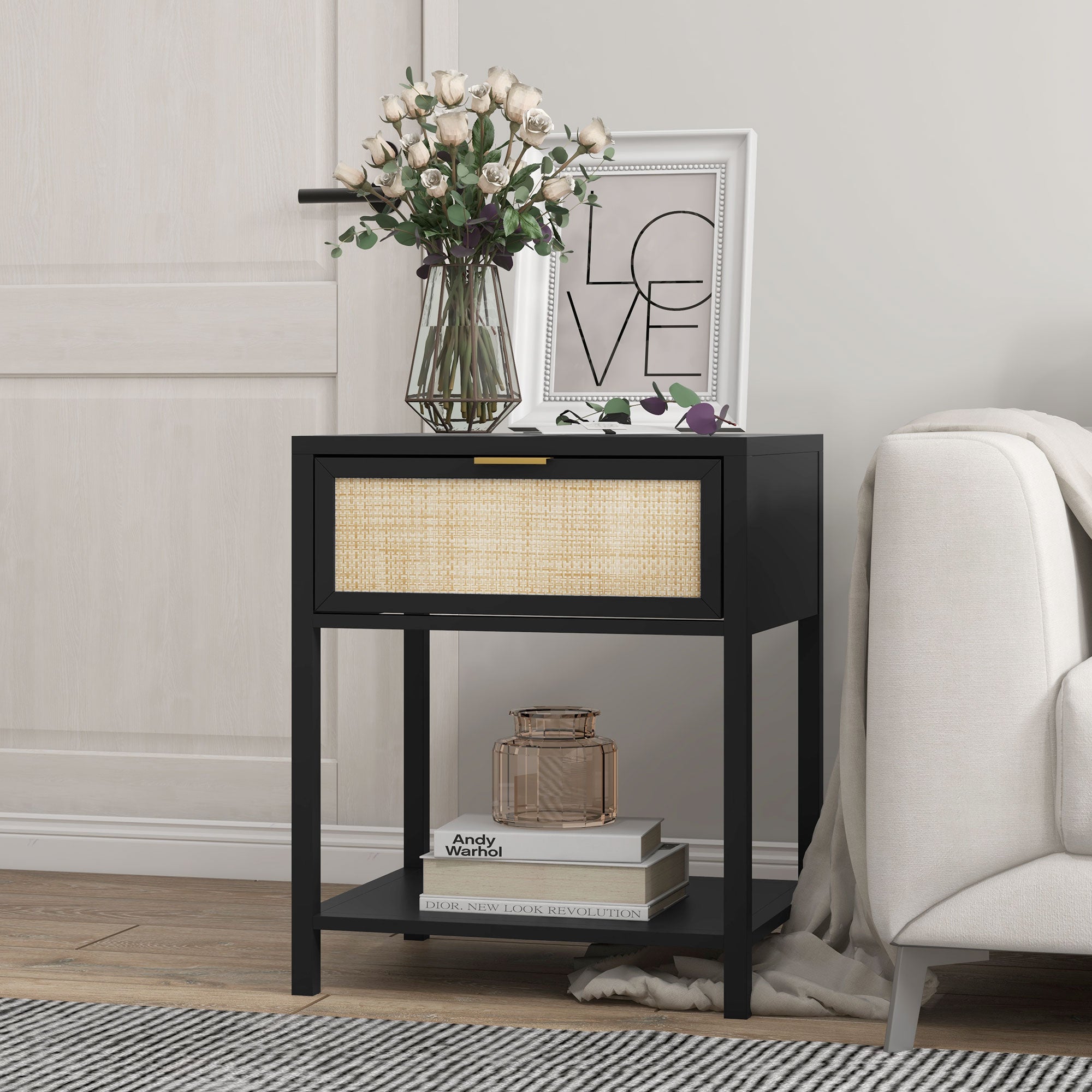 HOMCOM Bedside Table, Boho Nightstand with Drawer, Open Shelf and Rattan Element, Small Side Table for Bedroom, Black