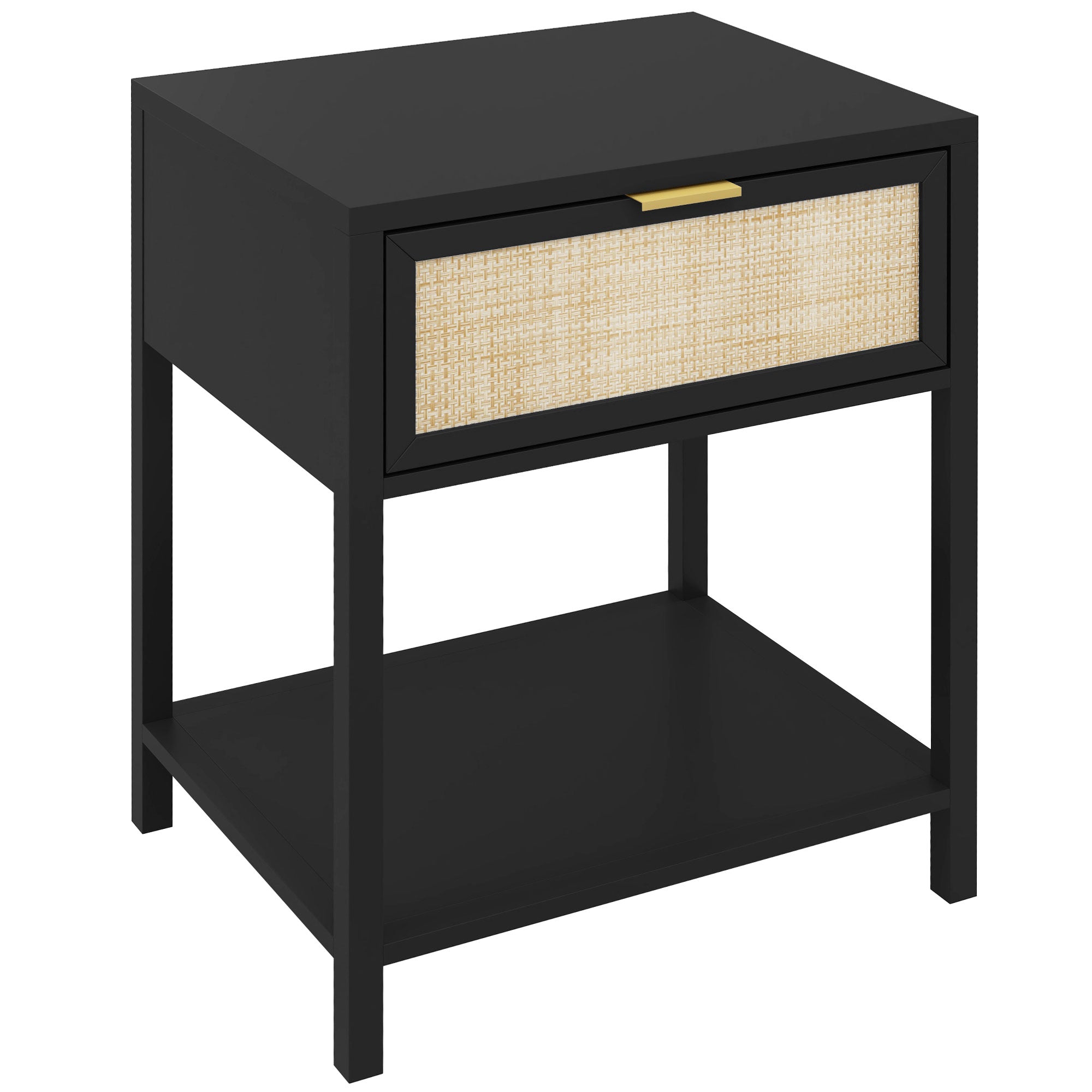 HOMCOM Bedside Table, Boho Nightstand with Drawer, Open Shelf and Rattan Element, Small Side Table for Bedroom, Black