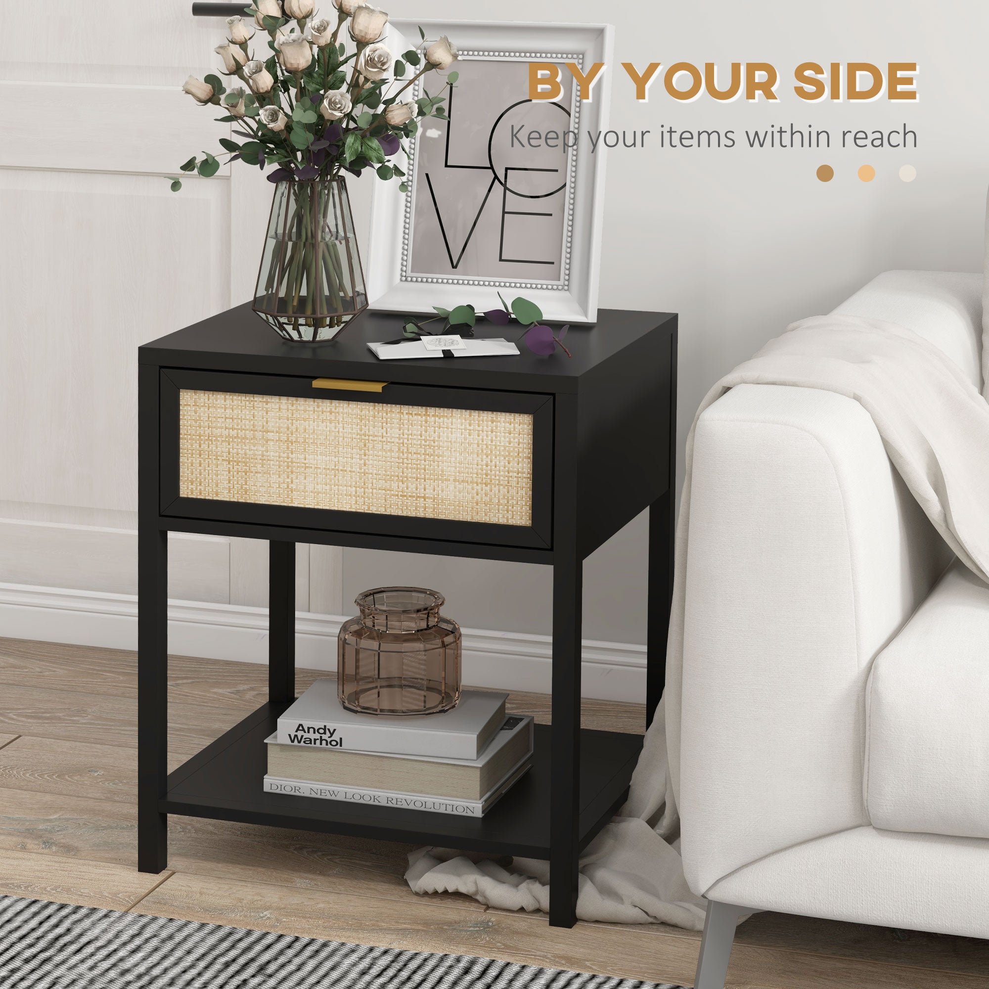 HOMCOM Bedside Table, Boho Nightstand with Drawer, Open Shelf and Rattan Element, Small Side Table for Bedroom, Black