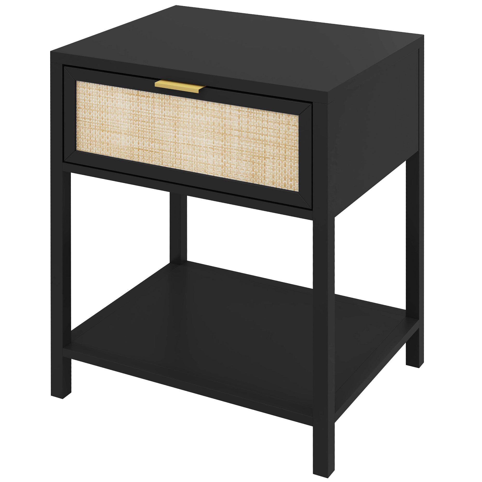 HOMCOM Bedside Table, Boho Nightstand with Drawer, Open Shelf and Rattan Element, Small Side Table for Bedroom, Black