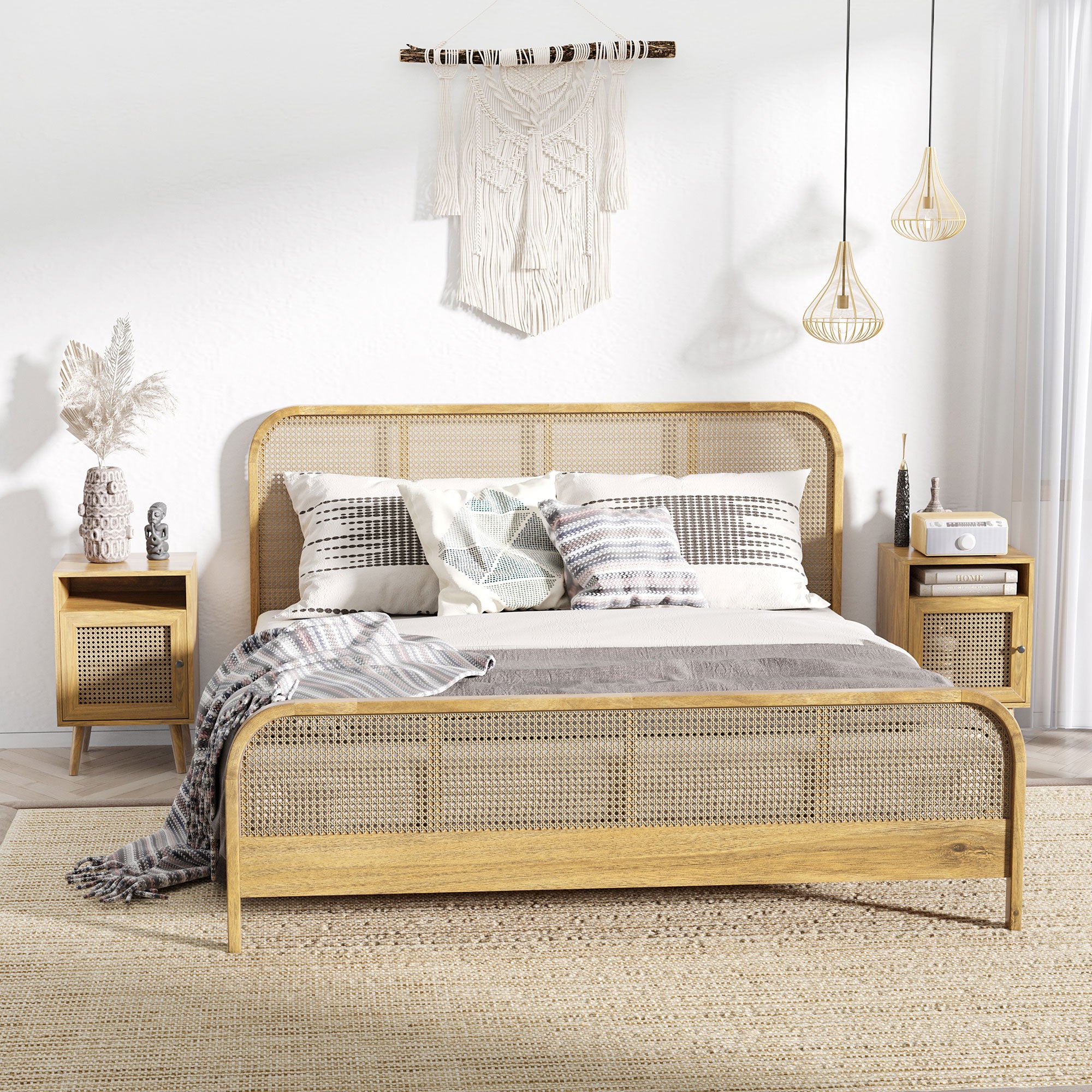 HOMCOM Bedside Table Nightstand with Storage Shelf and Door Cupboard, Side End Table with Rattan Element for Living Room, Bedroom, Set of 2, Natural