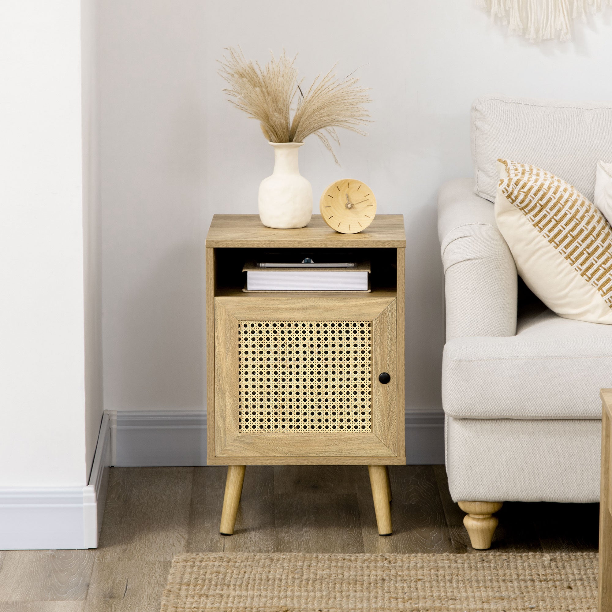 HOMCOM Bedside Table Nightstand with Storage Shelf and Door Cupboard, Side End Table with Rattan Element for Living Room, Bedroom, Set of 2, Natural