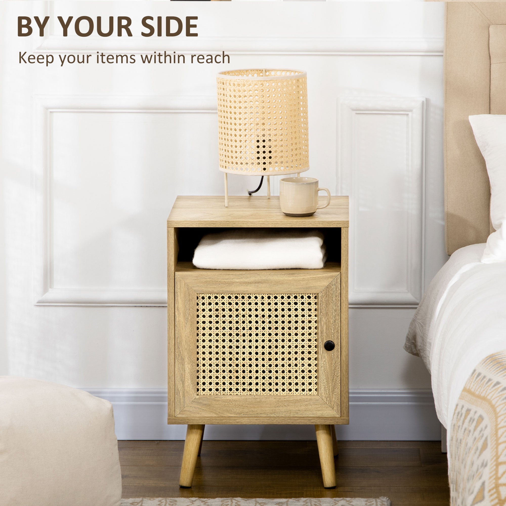 HOMCOM Bedside Table Nightstand with Storage Shelf and Door Cupboard, Side End Table with Rattan Element for Living Room, Bedroom, Set of 2, Natural