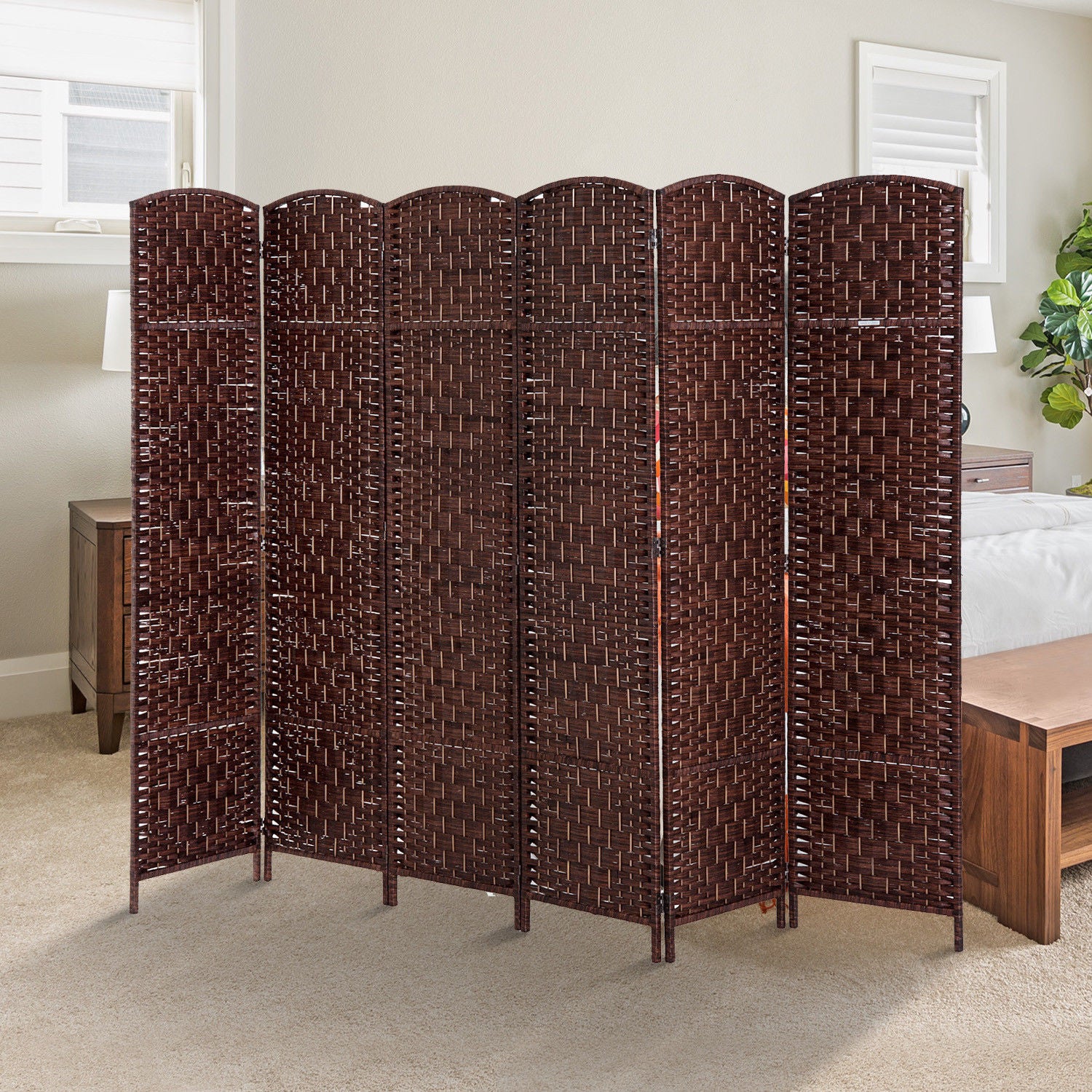 HOMCOM 6 Panels Room Divider, 6 Ft Tall Indoor Portable Folding Privacy Screens, Hand-Woven Double Hinged Freestanding Partition Wall Divider for Home Office, Brown