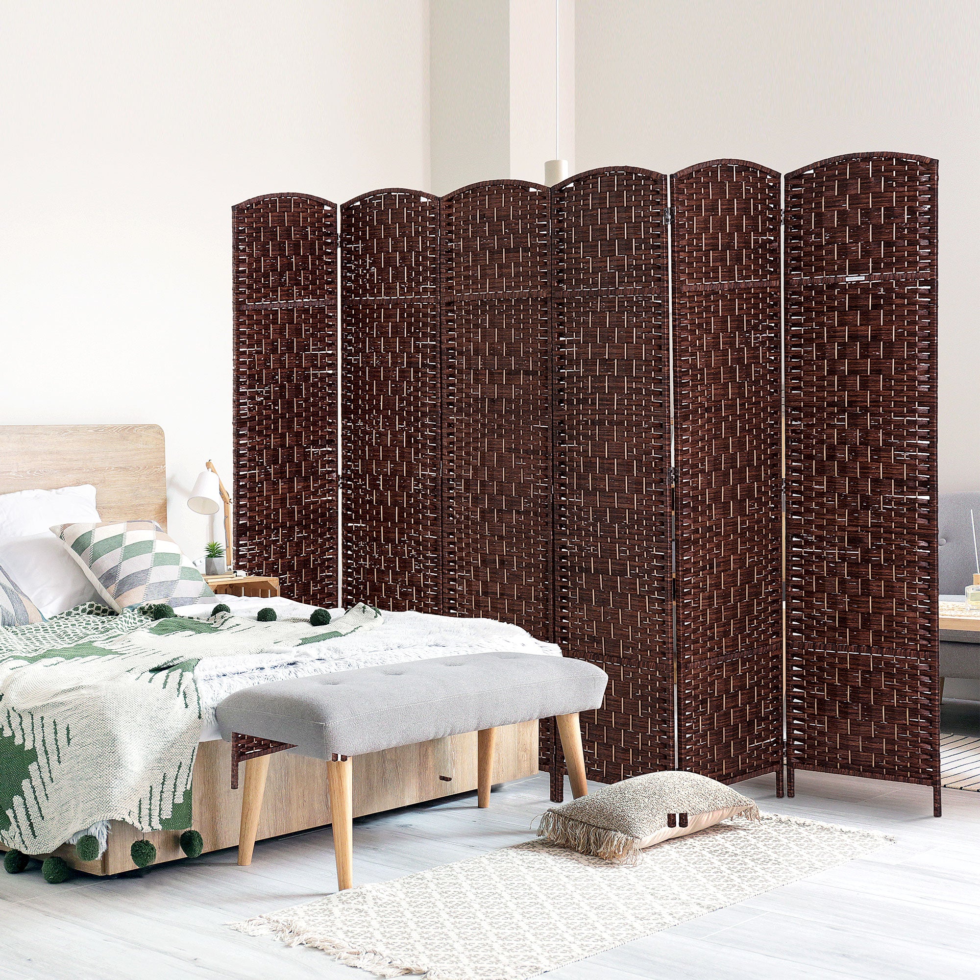 HOMCOM 6 Panels Room Divider, 6 Ft Tall Indoor Portable Folding Privacy Screens, Hand-Woven Double Hinged Freestanding Partition Wall Divider for Home Office, Brown