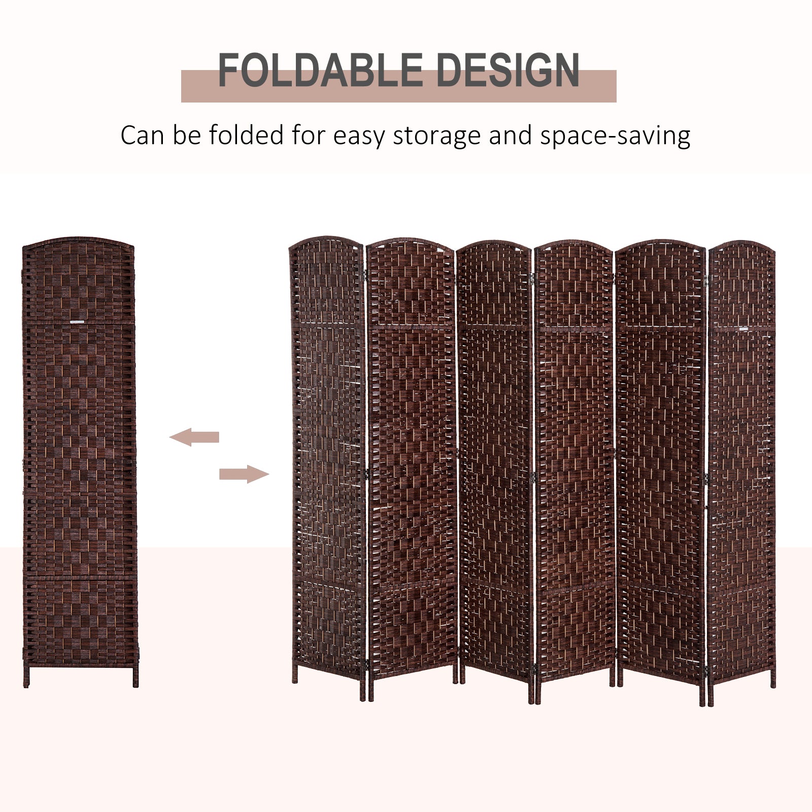 HOMCOM 6 Panels Room Divider, 6 Ft Tall Indoor Portable Folding Privacy Screens, Hand-Woven Double Hinged Freestanding Partition Wall Divider for Home Office, Brown