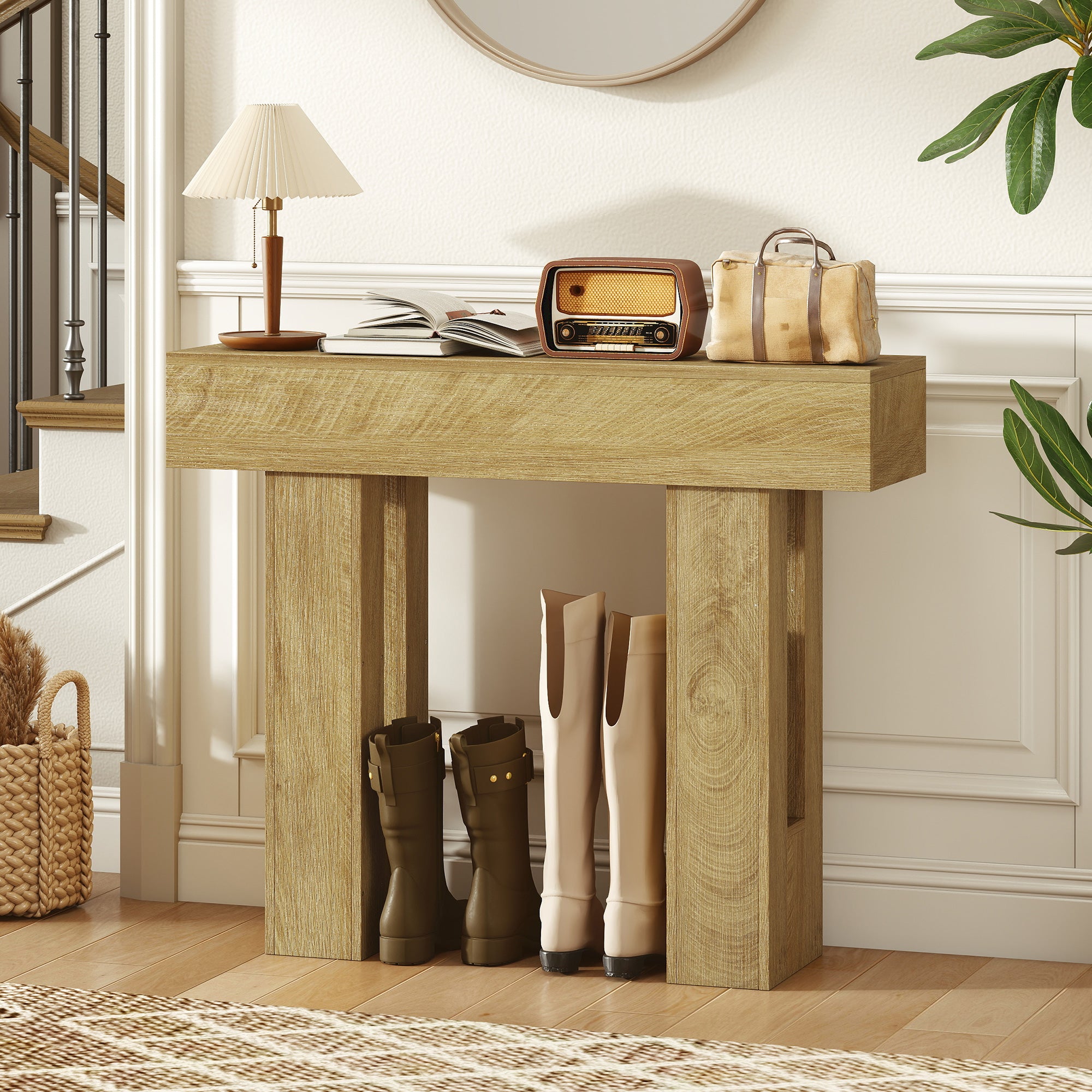 42 Inch Console Table, Narrow Farmhouse Entryway Table with Thickened Tabletop for Living Room, Hallway, Entrance, Oak