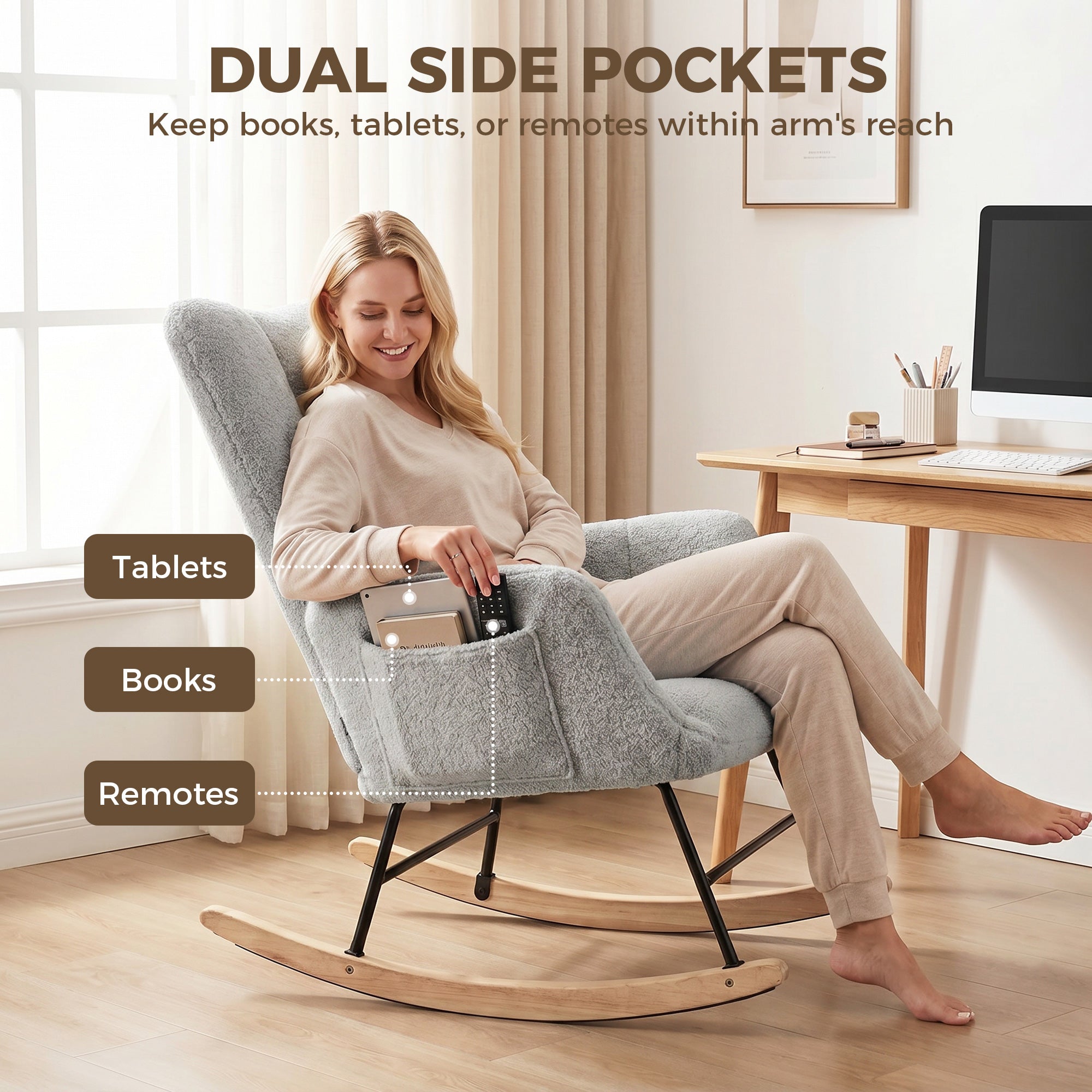 Rocking Chair with Side Pockets, Wingback Tufted Rocker Chair with Teddy Fleece Upholstered, Rubber Wood Legs for Living Room, Bedroom, Light Grey