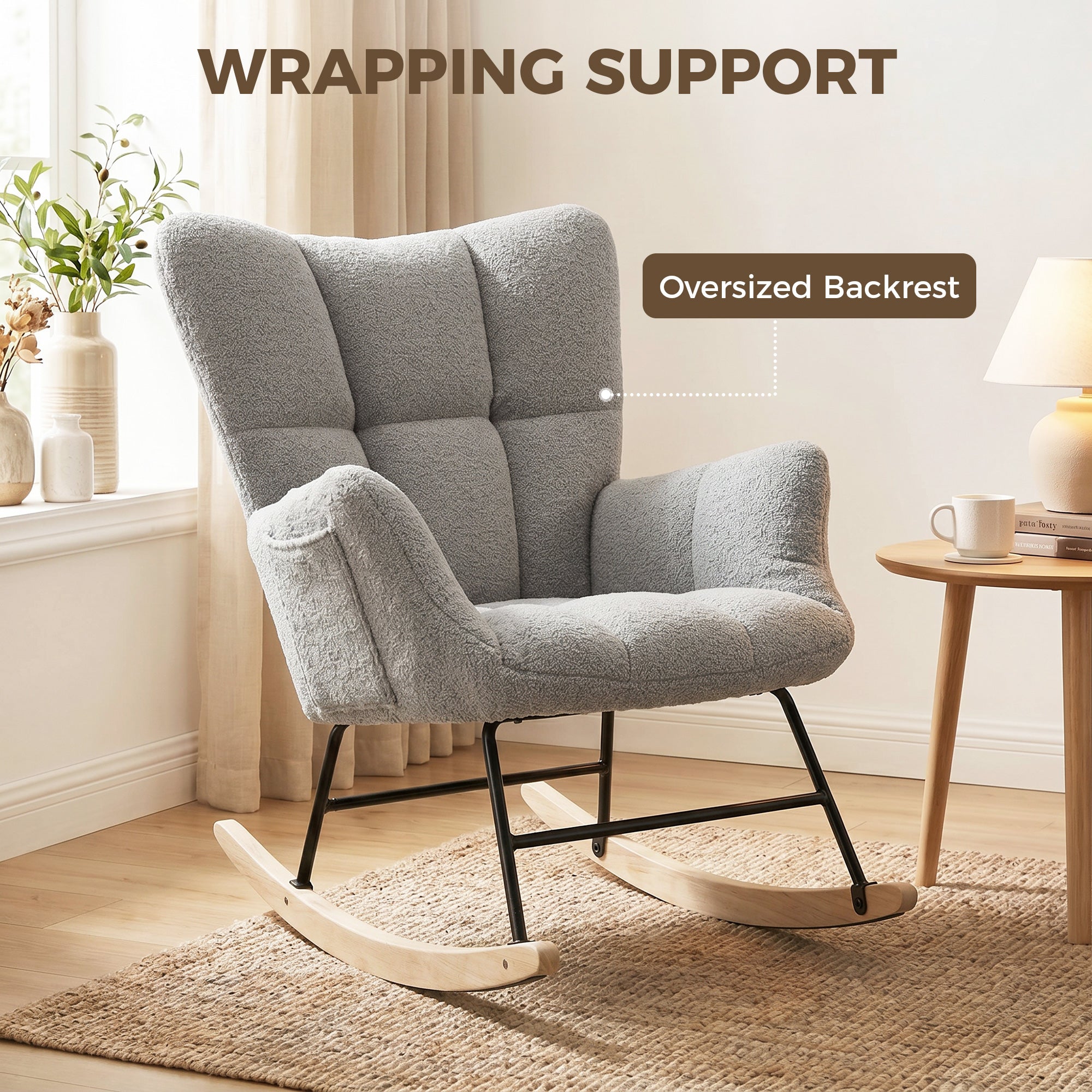Rocking Chair with Side Pockets, Wingback Tufted Rocker Chair with Teddy Fleece Upholstered, Rubber Wood Legs for Living Room, Bedroom, Light Grey