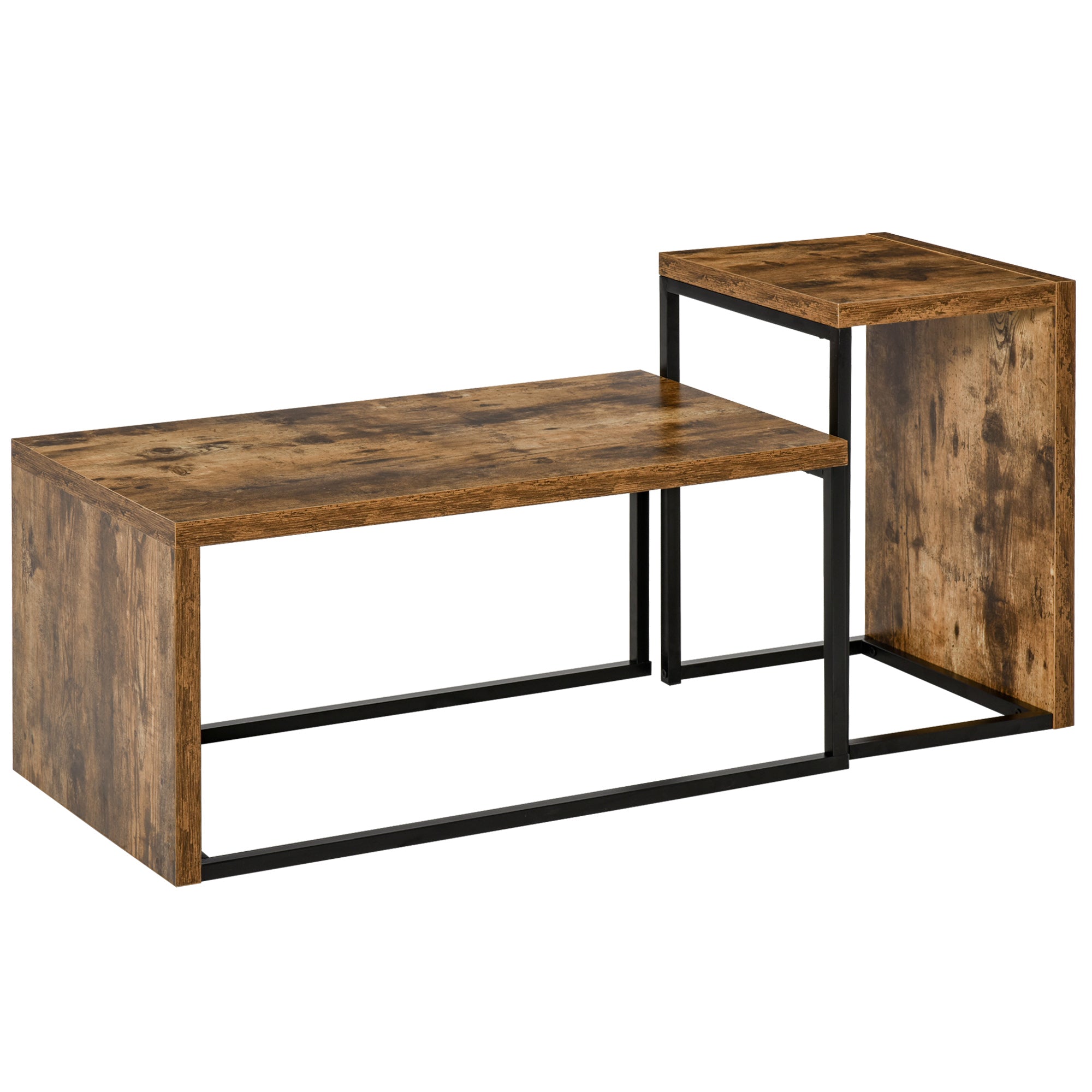 HOMCOM Coffee Tables Nesting Table Set of 2 Side Table w/ Metal Frame for Living Room Bedroom Black & Brown