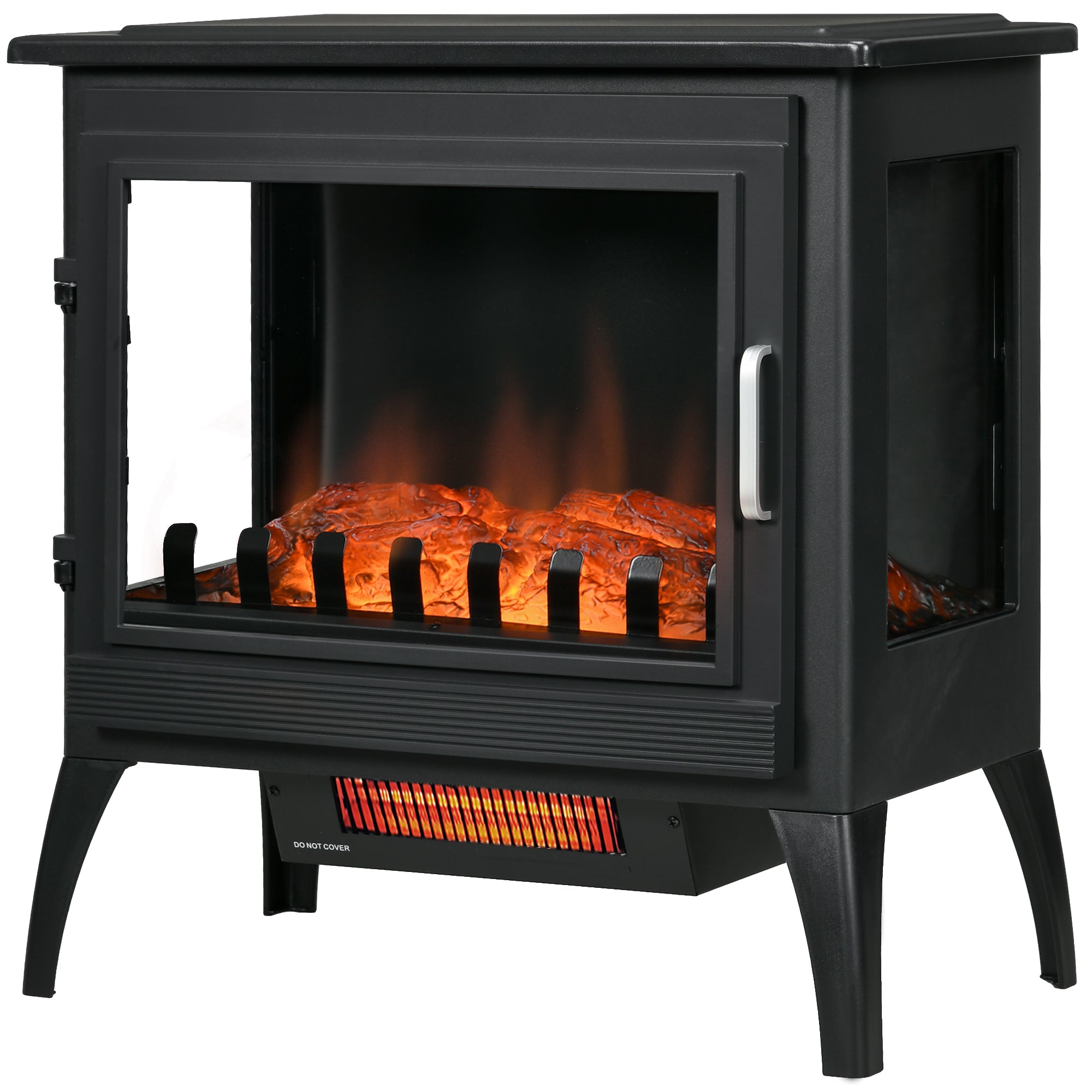 24" Electric Fireplace Stove Freestanding Infrared Heater with Realistic Logs Flame 1000W/1500W Black