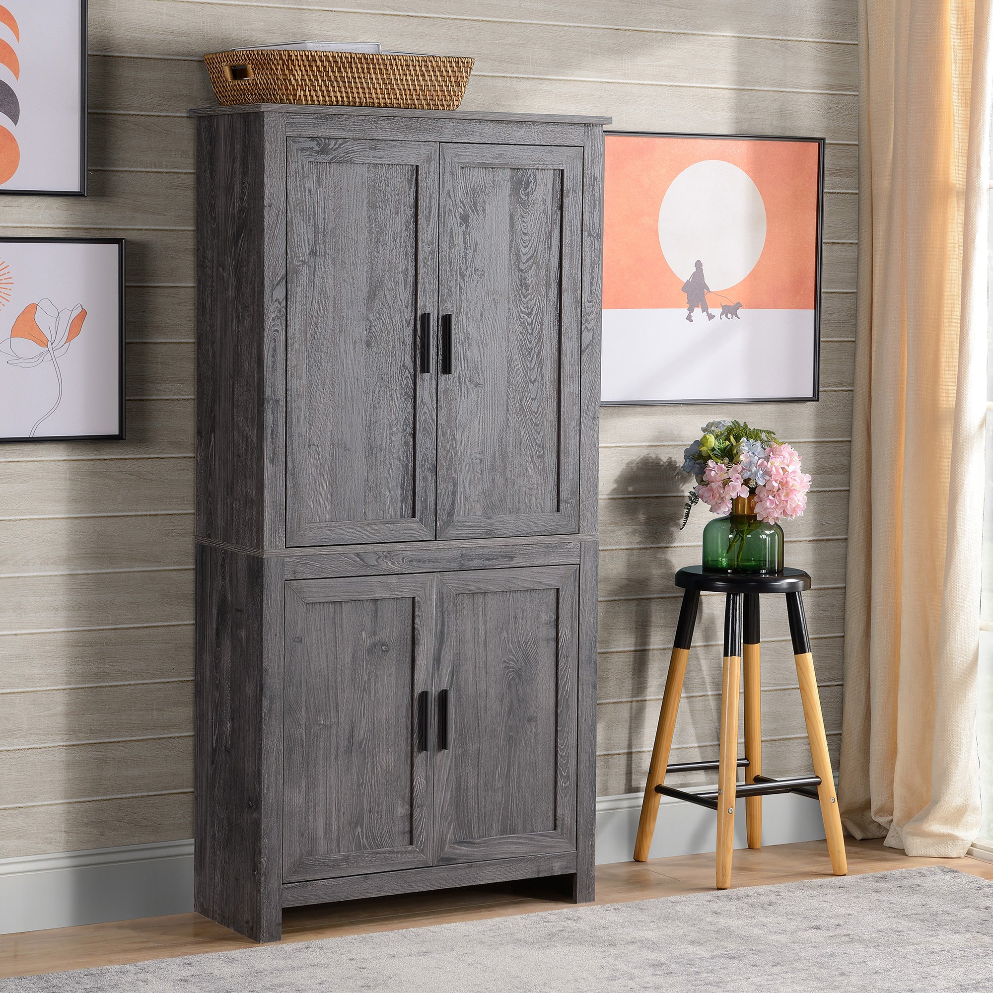 64" Kitchen Pantry Cabinet, Freestanding Storage Cabinet with 4 Doors and 3 Adjustable Shelves for Dining Room, Gray