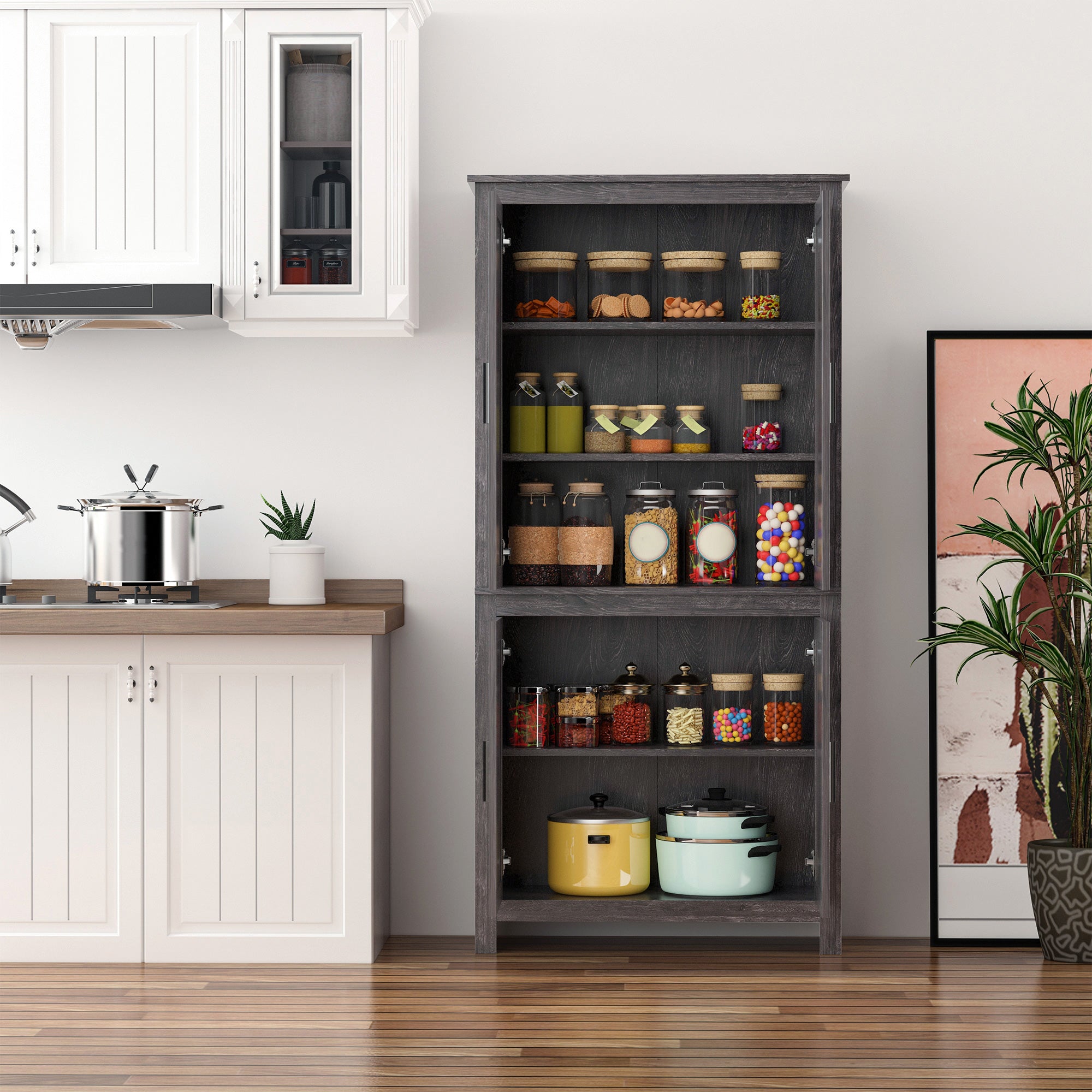 64" Kitchen Pantry Cabinet, Freestanding Storage Cabinet with 4 Doors and 3 Adjustable Shelves for Dining Room, Gray