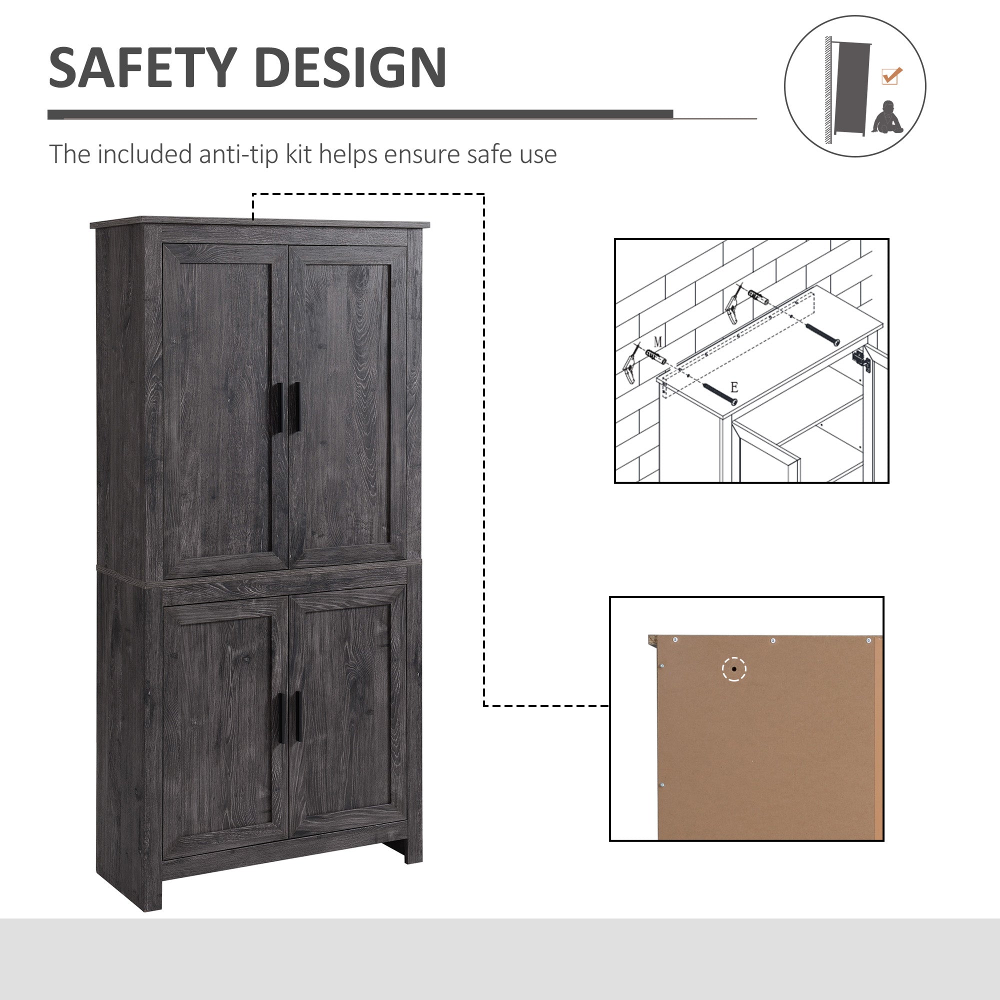 64" Kitchen Pantry Cabinet, Freestanding Storage Cabinet with 4 Doors and 3 Adjustable Shelves for Dining Room, Gray