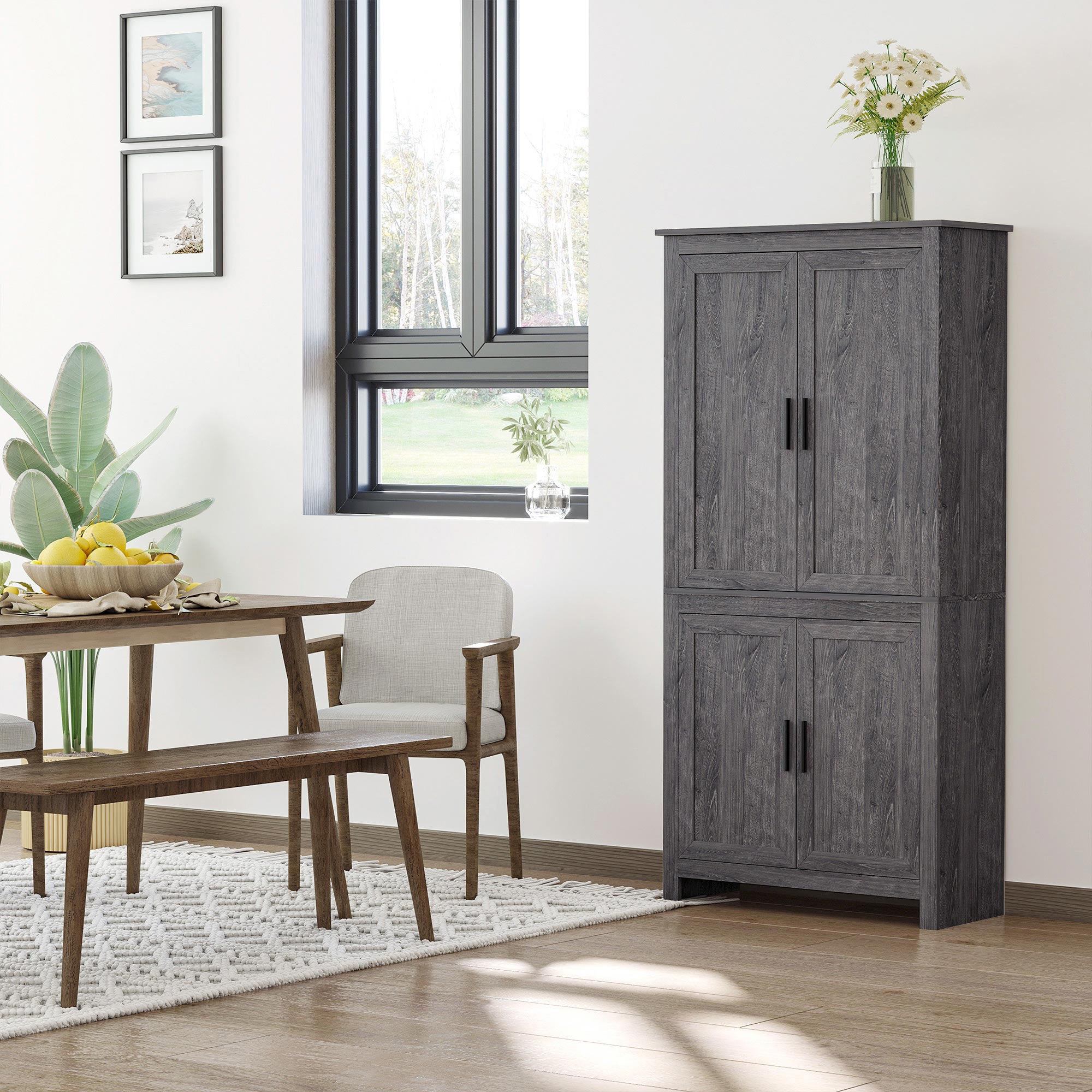 64" Kitchen Pantry Cabinet, Freestanding Storage Cabinet with 4 Doors and 3 Adjustable Shelves for Dining Room, Gray