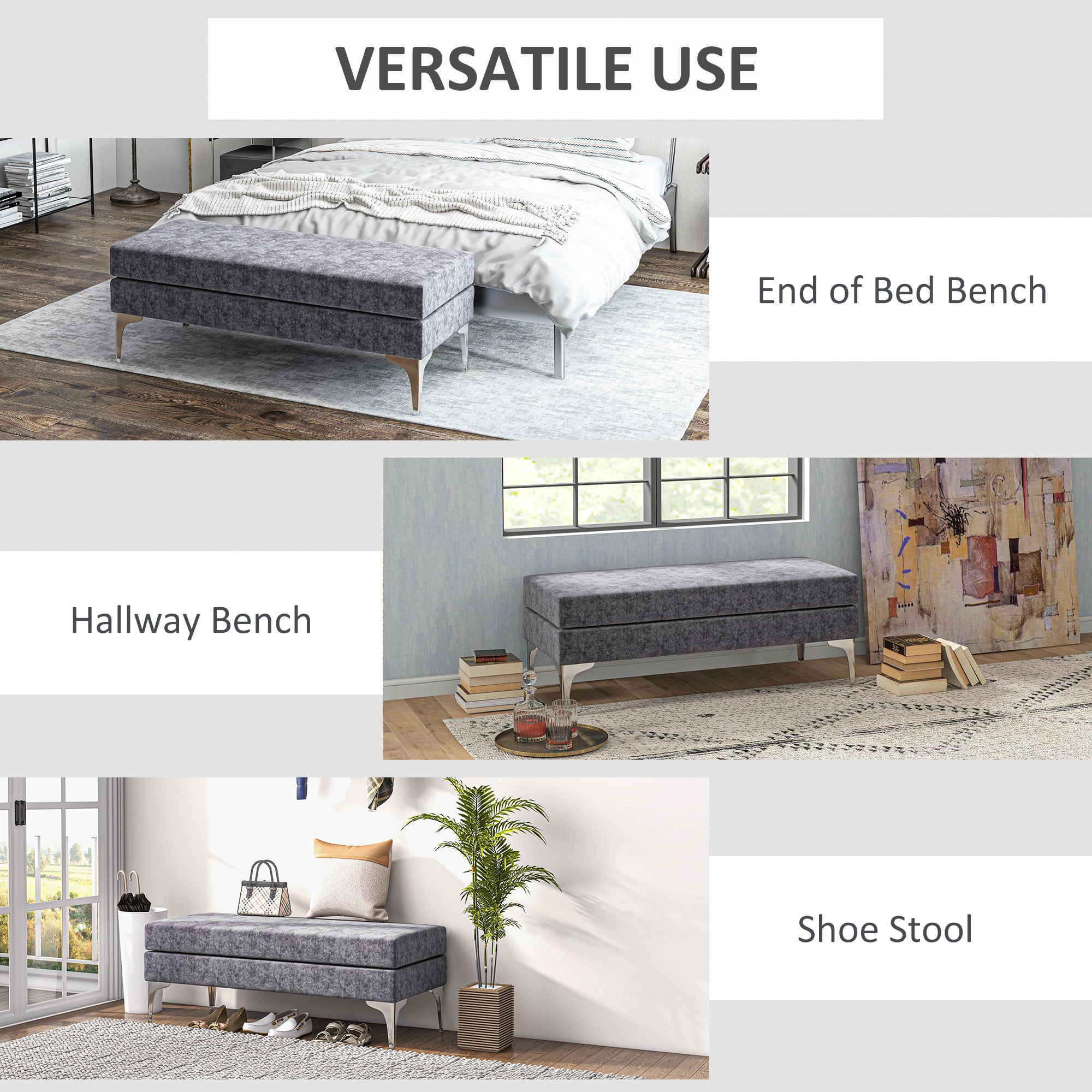 48 Inches Upholstered Bedroom Bench Modern End of Bed with Double Layer Cushions and Steel Legs Dark Gray